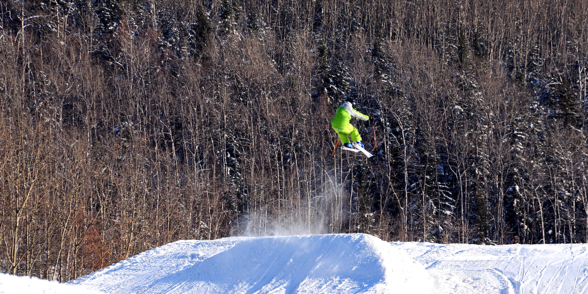 A skier catches air Nov. 1, 2008, at Fort Wainwright's Birch Hill Ski Resort. The resort caters to skiing and snowboarding enthusiasts with jumps, half pipes and rails to grind. There is also a slower paced bunny hill and inner tube area available for younger family members to join in the fun. (U.S. Air Force photo/Airman Laura Max)