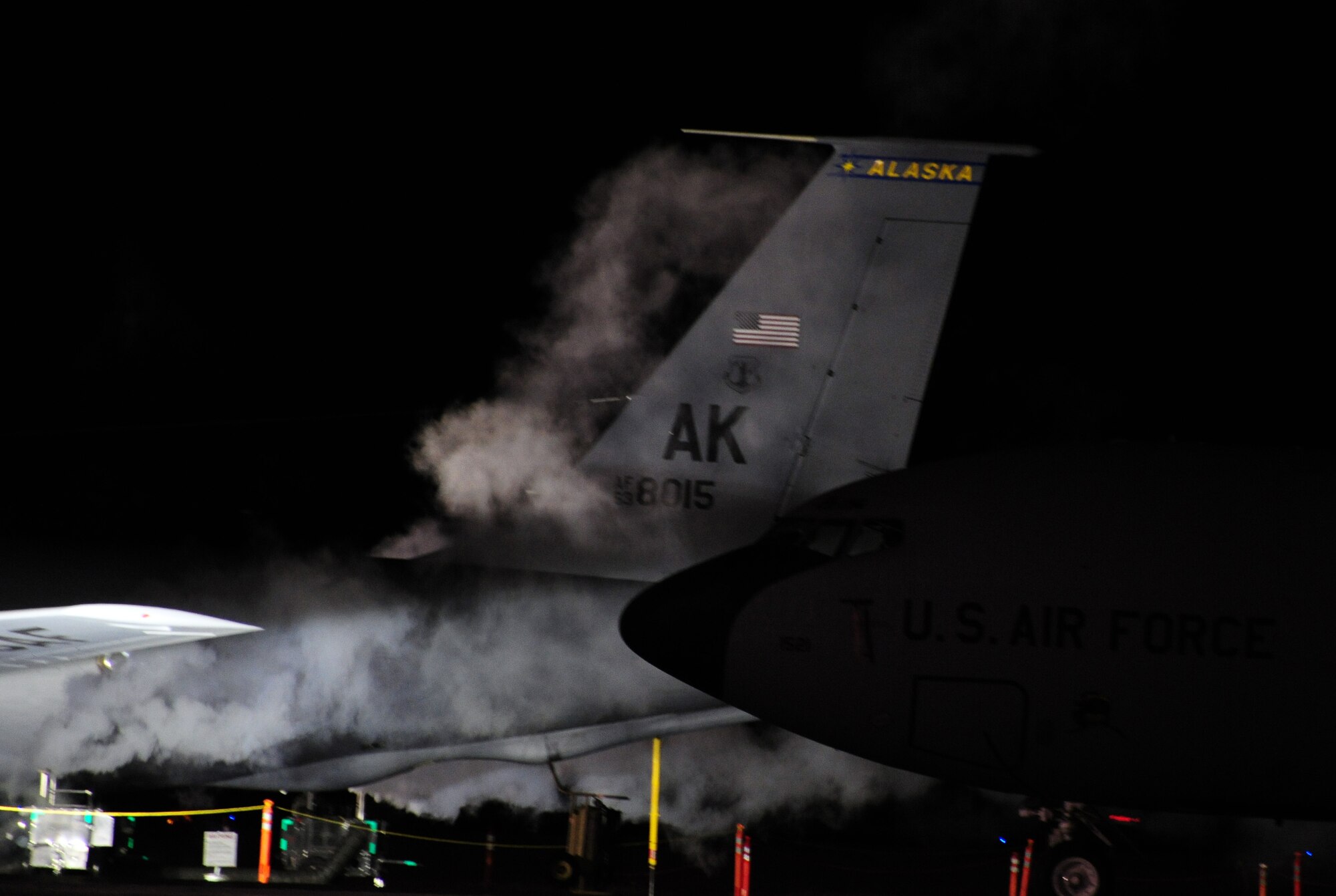 A KC-135 Stratotanker sits ready for takeoff Nov. 1, 2008 at Eielson Air Force Base, Alaska. Tanker aircraft and the aerial refueling they provide enhance the Air Force's capability to move forces with fewer aircraft.The mission of the 168th ARW is to train and equip KC-135R combat crews to provide air refueling in support of Pacific Air Forces operations and world-wide refueling tasks as well as alert tankers and crews to support Alaska North American Aerospace Defense Command region plans and Joint Chiefs of Staff directed. (U.S. Air Force photo/Airman Laura Max)