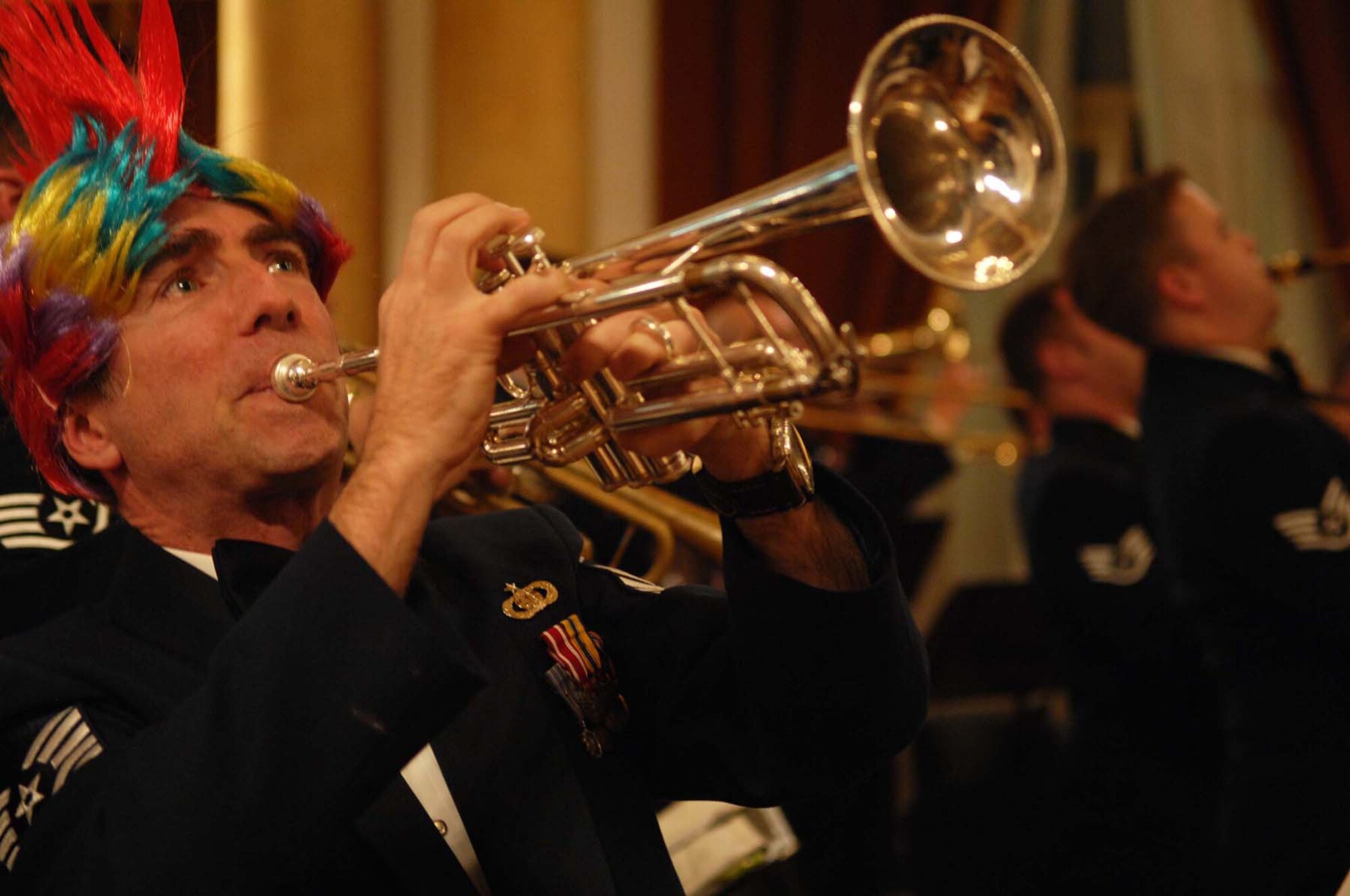 Master Sgt. Andrew Held,U.S. Air Forces in Europe Concert Band trumpet craftsman and resource manager, performs his solo during the song Glenn Miller Medley at the Military Club in Brasov, Romania, Oct. 31, 2008. The USAFE Concert Band has been entertaining audiences of all ages and nationalities throughout Europe and Southwest Asia since 1944. (U.S. Air Force by Senior Airman Amber Bressler)