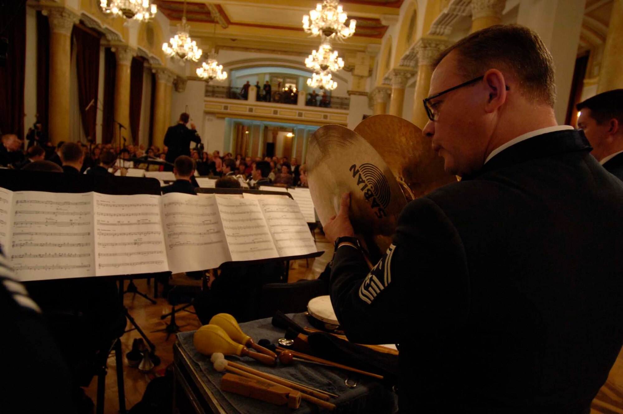 Senior Master Sgt. Lucky Bush, 3rd Air Force 1st Sgt., performs with the U.S. Air Forces in Europe Concert Band at the Military Club in Brasov, Romania, Oct. 31, 2008. The USAFE Concert Band has been entertaining audiences of all ages and nationalities throughout Europe and Southwest Asia since 1944. (U.S. Air Force by Senior Airman Amber Bressler)