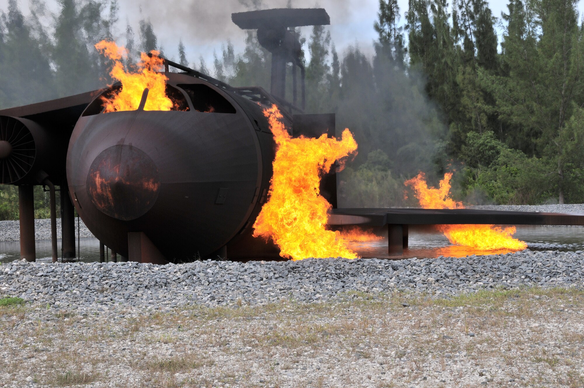 A simulated aircraft used for live fire training exercises is ignited at Homestead Air Reserve Base, Fla., Nov. 1.  (U.S. Air Force photo/Tim Norton)