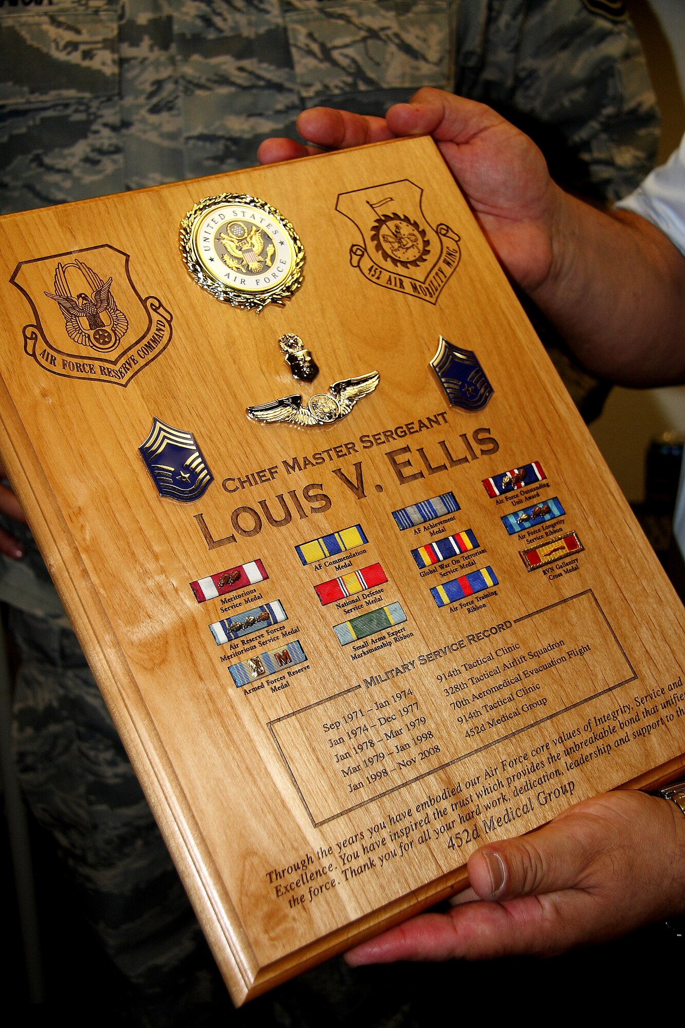 CMSgt. Louis Ellis, former 452 MG superintendent, retires after 67 years of service: 37 years of military and 30 years of civil service. (U.S. Air Force photo)