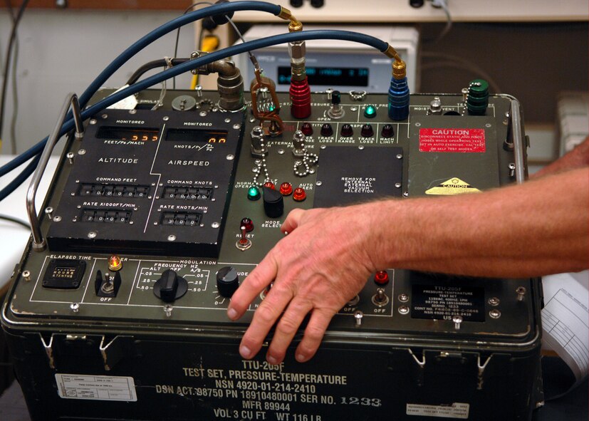 MOODY AIR FORCE BASE, Ga. - The Precision Measurement Equipment Laboratory Uses a TTU-205 to calibrate a pre-flight altitude and airspeed indicator here Oct. 30. The PMEL Test, Measurement and Equipment laboratory recently received outstanding marks during an Air Force Metrology and Calibration inspection. (U.S. Air Force Photo by Airman Joshua Green) 
