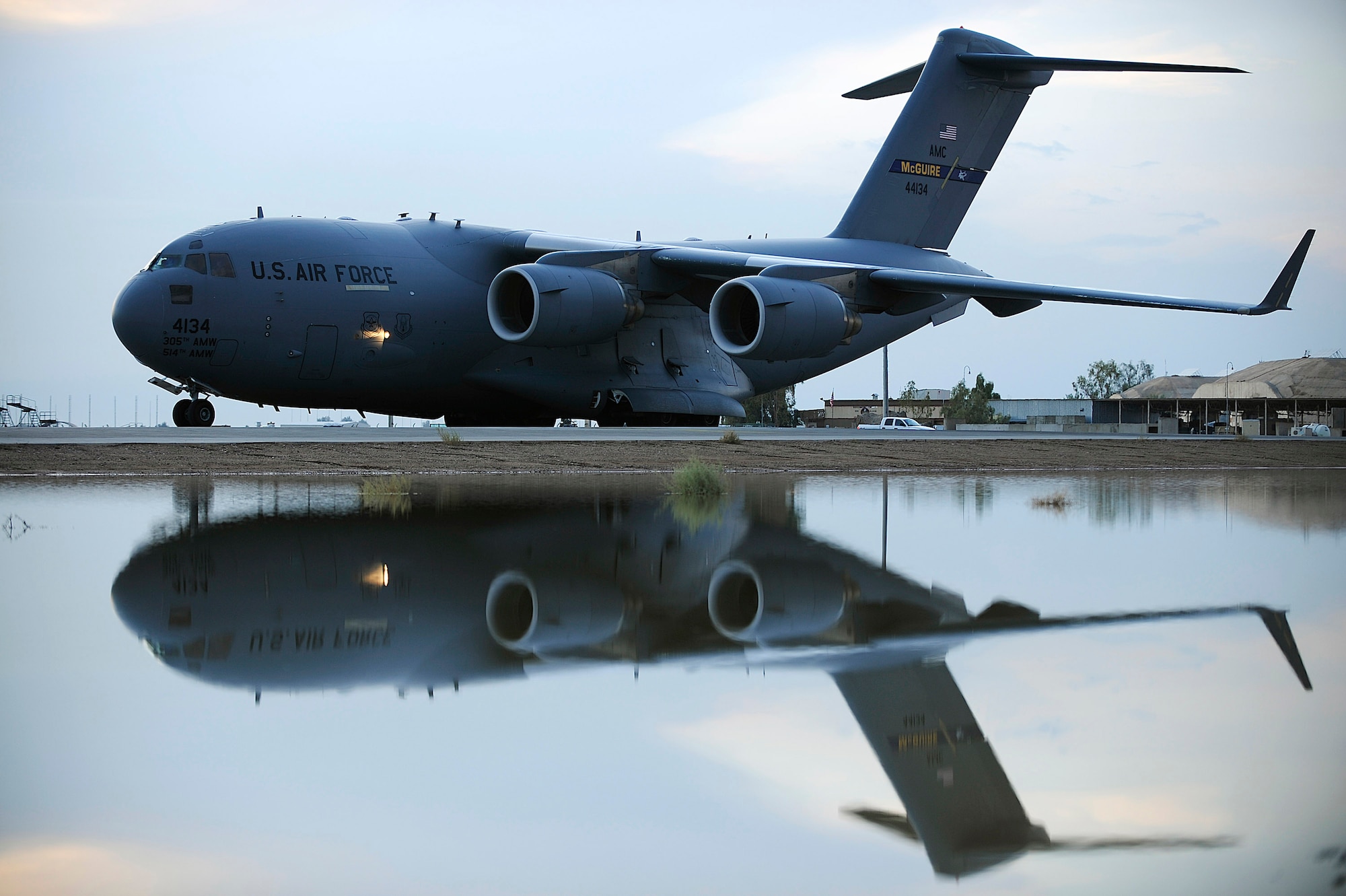 A C-17 Globemaster III taxis after landing at an air base in Southwest Asia. The C-17 performs tactical airlift and airdrop missions, transports passengers, performs medical evacuations, delivers troop resupply and all types of cargo throughout Southwest Asia in support of operations Enduring Freedom and Iraqi Freedom. (U.S. Air Force photo/Airman 1st Class Jason Epley)