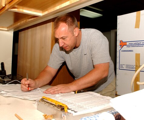 Senior Master Sgt. Timothy Petersen, 374th Airlift Wing command post, cheks off inventory  Nov. 3 while recieving furniture. Sergeant Petersen recently moved to Yokota and is recieving his furniture and house-hold goods. (U.S. Air Force photo by AIrman 1st Class Eric Summers 