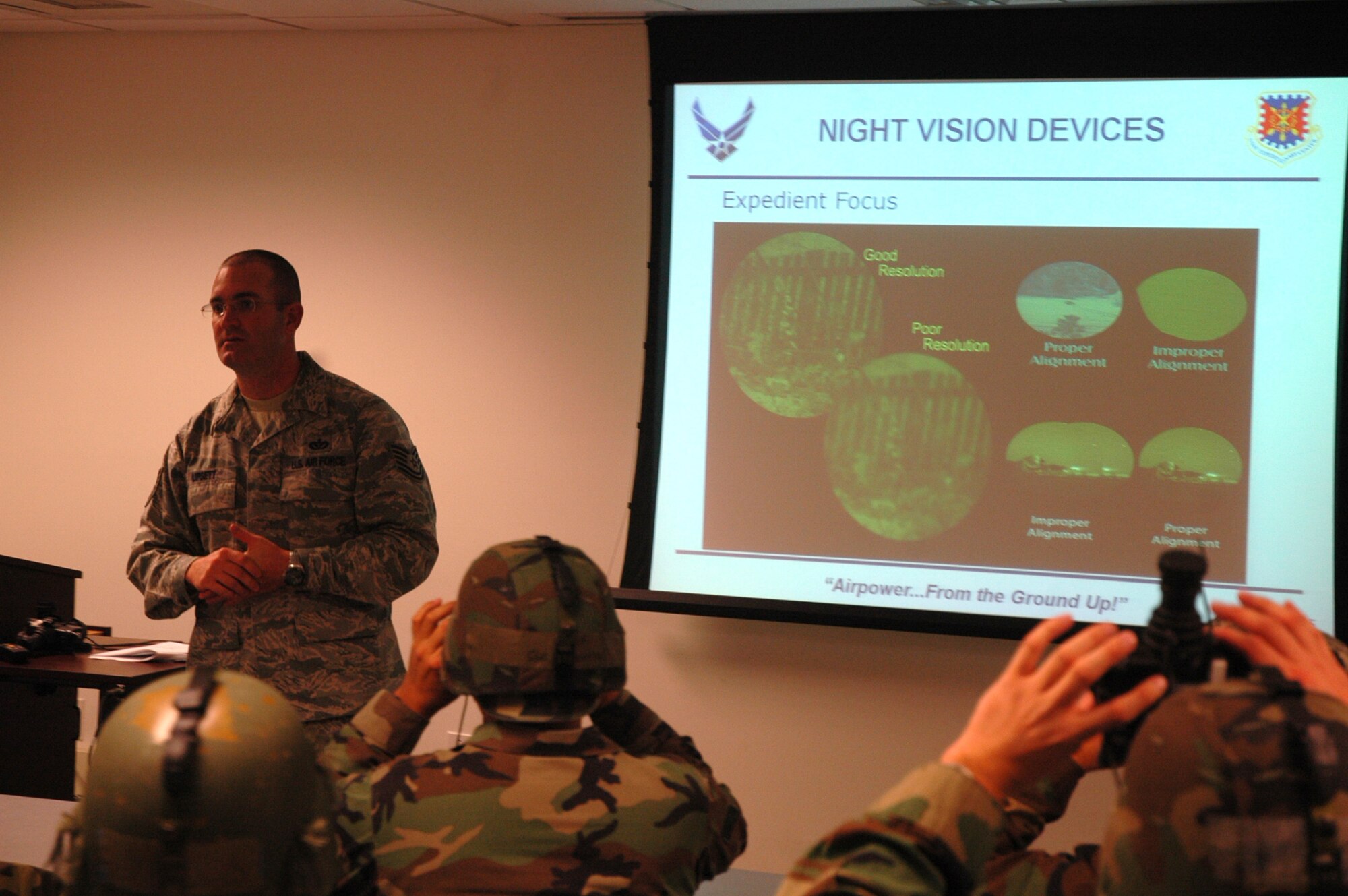 Tech. Sgt. William Lipsett, contingency skills instructor for the U.S. Air Force Expeditionary Center's 421st Combat Training Squadron, teaches deploying Airman about night operations and night vision devices during a class session in the Advanced Contingency Skills Training Course 09-2 Oct 29, 2008, on Fort Dix, N.J.  ACST is a pre-deployment training course hosted by the Expeditionary Operations School of the USAF EC. (U.S. Air Force Photo/Staff Sgt. Paul R. Evans)