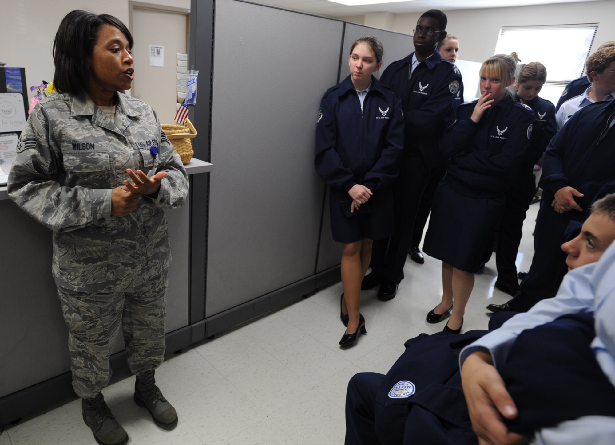 Senior Airman Tamara Wilson talks to Air Force Junior Reserve Officer Training Corps cadets at the McConnell Air Force Base medical clinic on Oct. 30. Airman Wilson is a public health technician assigned to the 931st Aerospace Medicine Flight, an Air Force Reserve unit at McConnell. (U.S. Air Force photo/Tech. Sgt. Jason Schaap)