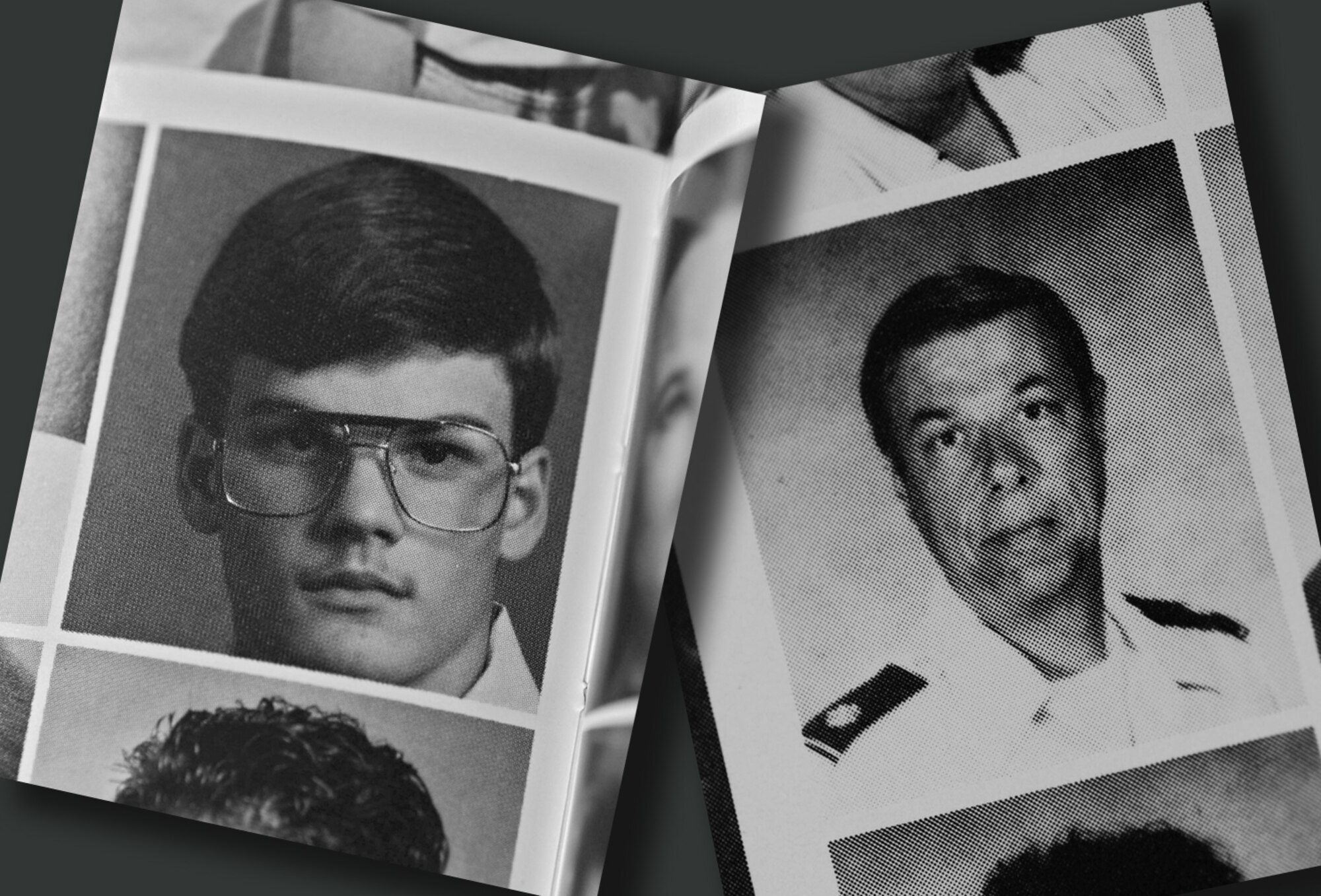 Lt. Col. James Wohlwend (on right) was the new Air Force Junior Reserve Officer Training Corps commander and Master Sgt. William Souder was a senior at Derby High School when these yearbook photos were taken in 1991. Sergeant Souder had his senior yearbook with him during a recent reunion with his former commander at McConnell Air Force Base, Kan.     