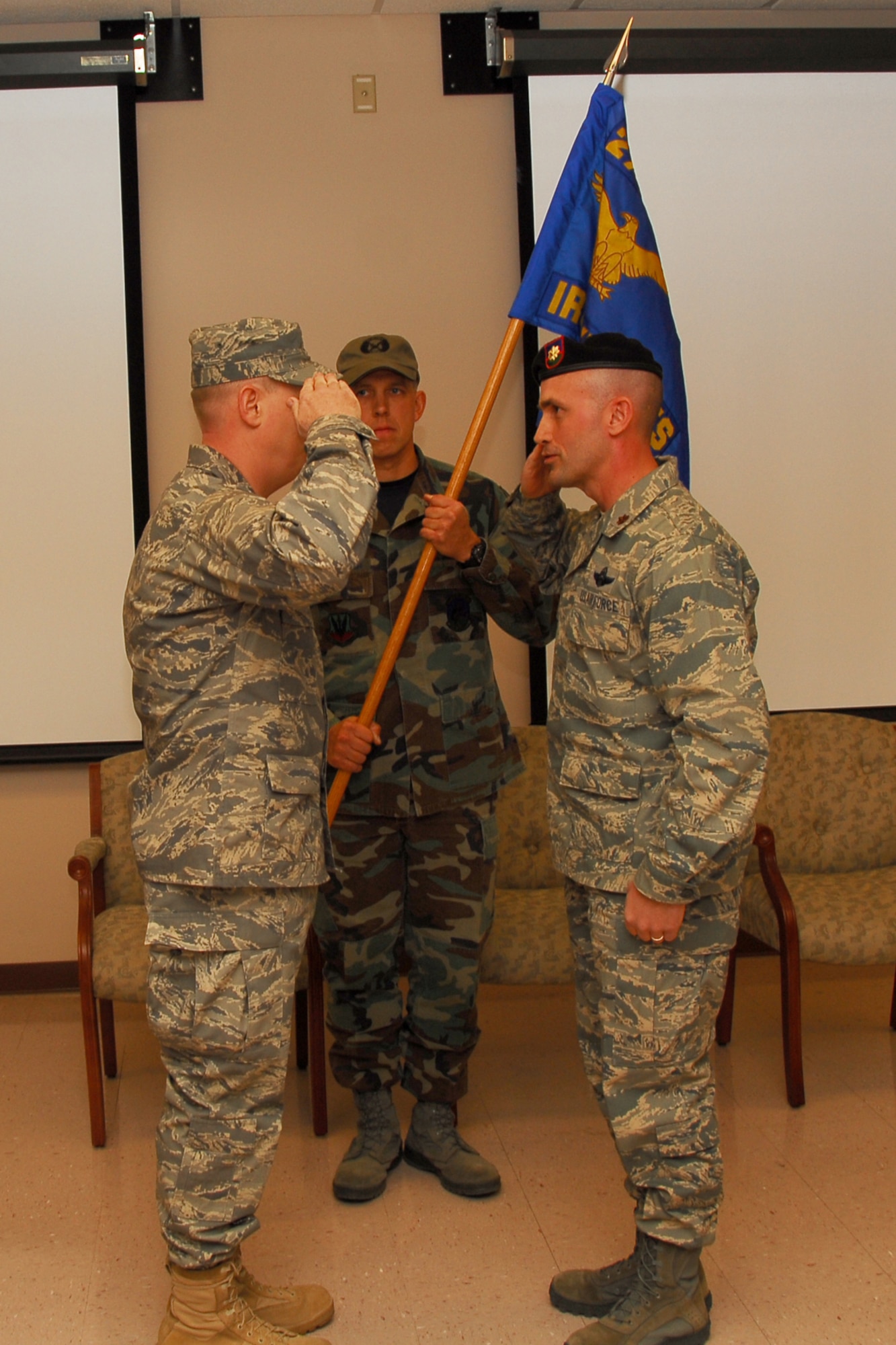 Major Alberto J. Gaston accepts command of the 274th Air Support Operations Squadron.  Maj. Gaston assumed command on November 2, 2008 in a ceremony officiated by Colonel Kevin W. Bradley, 174th Fighter Wing Commander.  He had assumed the duties since July 2, 2008.  274th ASOS First Sergeant Master Seargeant William R. Schroeder was the guidon bearer.  (Photo taken by SSgt Ricky Best)