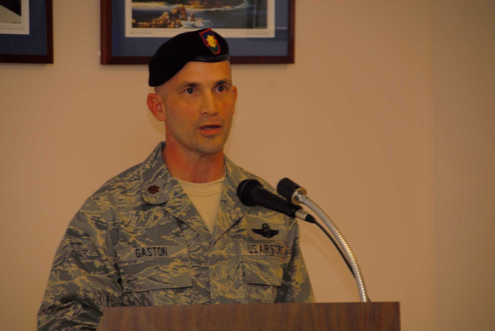 Major Alberto J. Gaston addresses his Airmen for the first time as the new 274th Air Support Operations Group Commander.  Maj. Gaston assumed command on November 2, 2008 in a ceremony officiated by Colonel Kevin W. Bradley, 174th Fighter Wing Commander.  He had assumed the duties since July 2, 2008.
(Photo taken by SSgt Ricky Best)