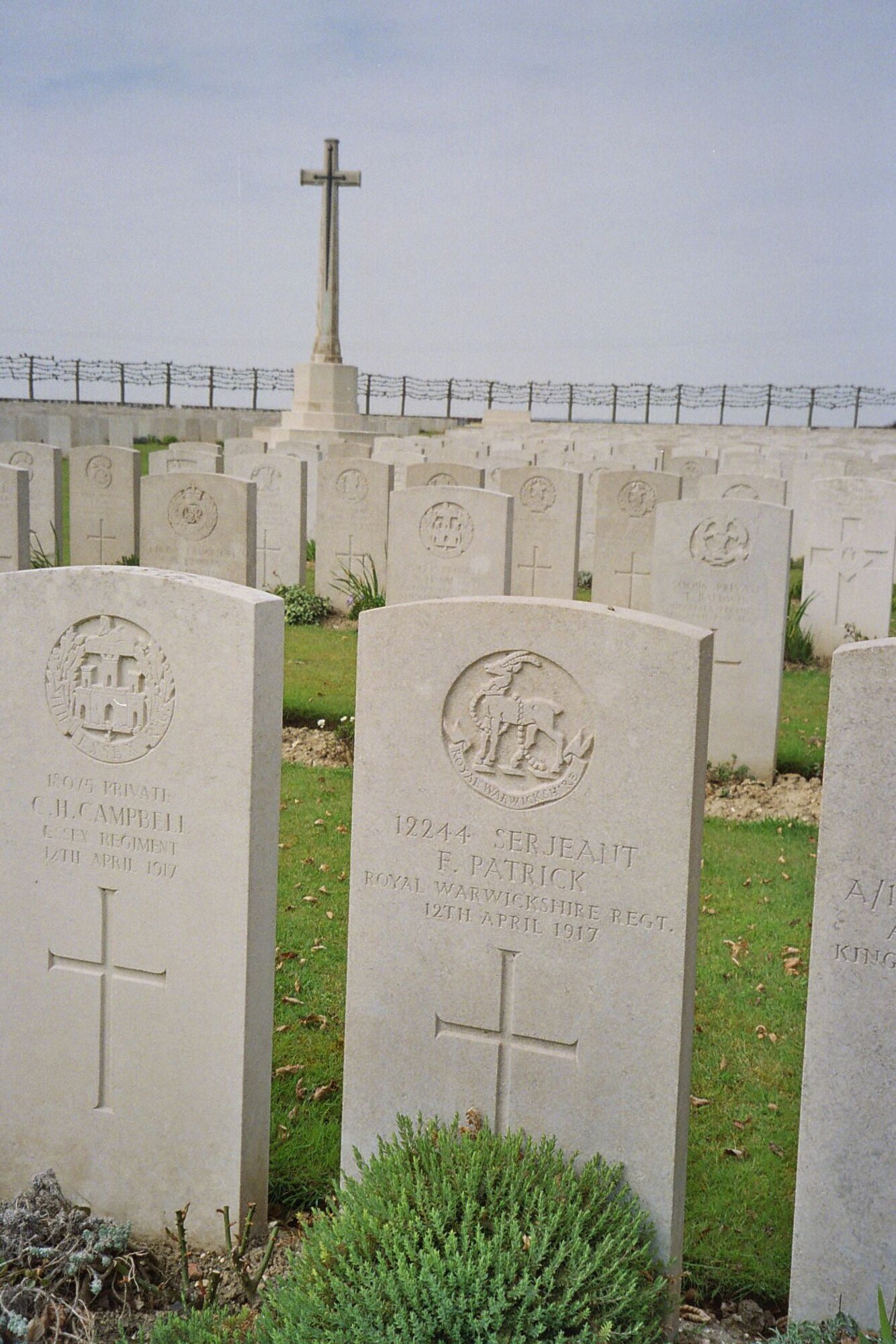 Felix Patrick’s grave, Duisans Commonwealth War Graves cemetery, Arras, France. Felix was wounded early in the battle and was evacuated to a field hospital some distance away, west of Arras, by a village called Duisans. Felix died and his grave can be found at Duisans today. Two thirds of the men who died in Felix's battalion have no known grave.  (Photo by Michael Davis)