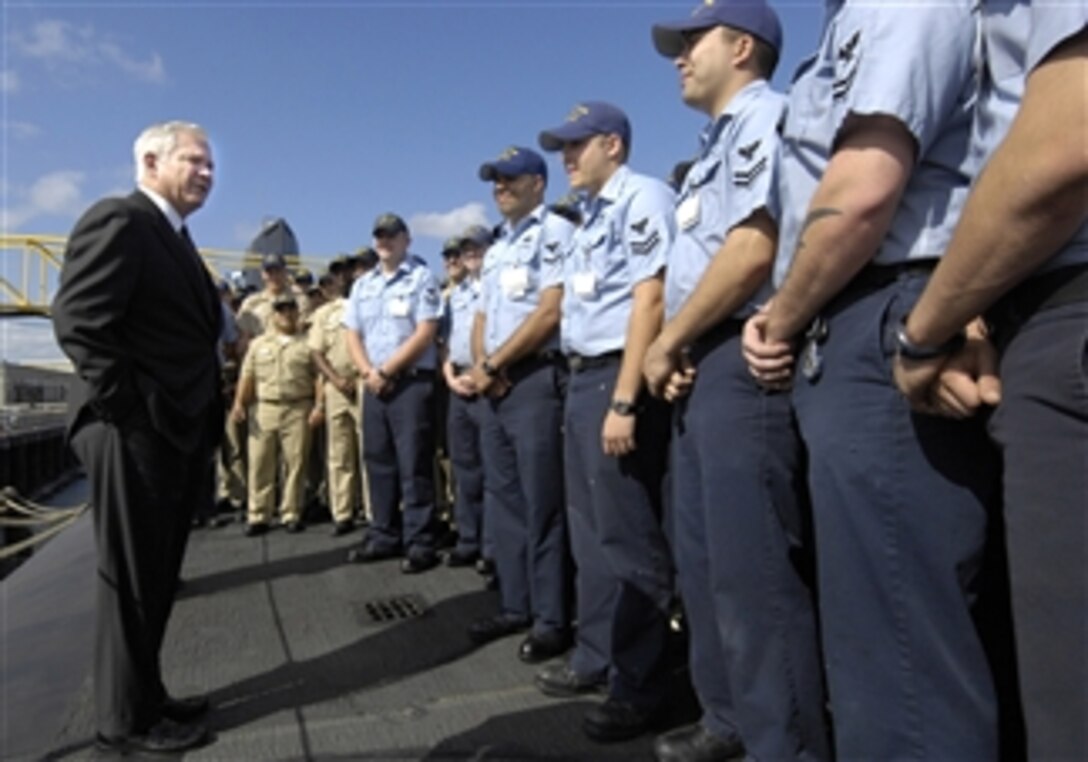 Secretary of Defense Robert M. Gates speaks with U.S. Navy sailors aboard the ballistic missile submarine USS Rhode Island (SSBN 740) during his tour of the ship at Naval Submarine Base King's Bay, Ga., on Oct. 31, 2008.  
