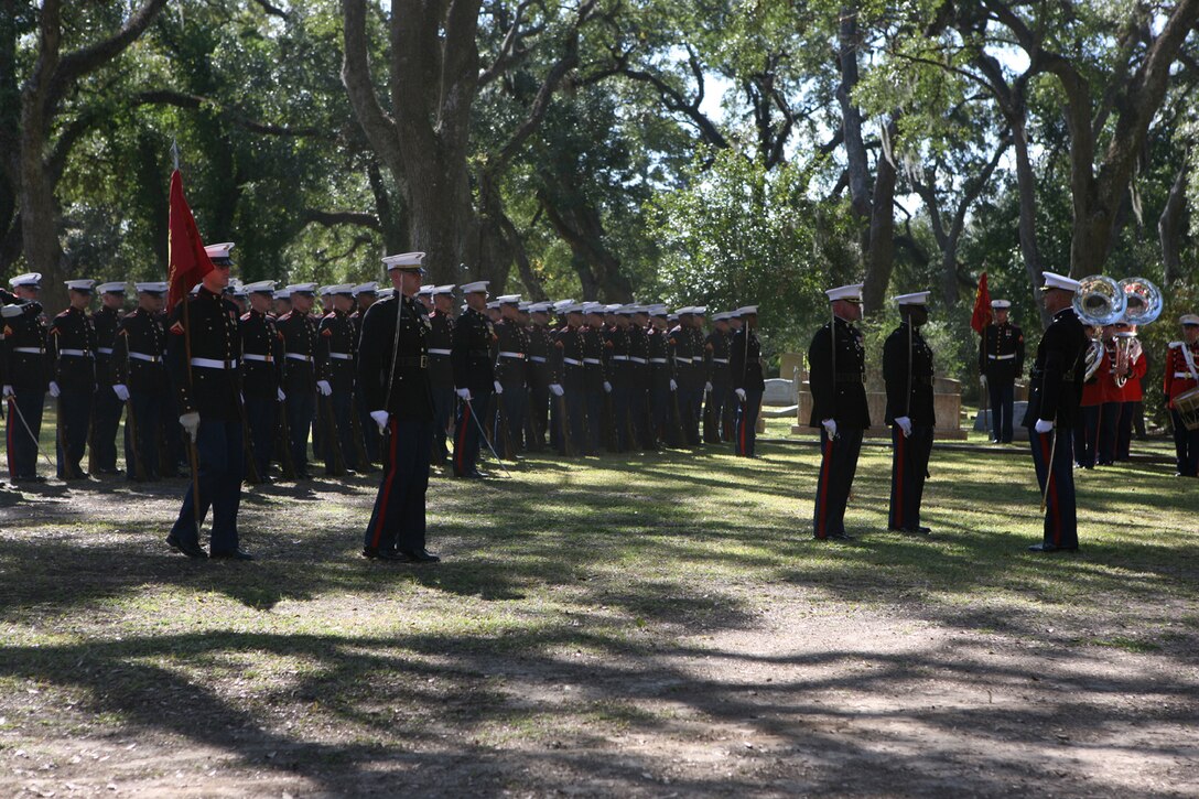 Marine Corps Barracks Washington ceremonial marchers step into place in front of Grace King church before the funeral services for Gen. Robert H. Barrow, 27th commandant of the Marine Corps. Barrow died in his sleep Oct. 30. More than 200 Marines were brought from Marine Barracks Washington for the service.