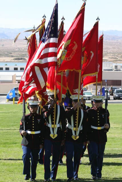 A color guard retires the colors after the Combat Center’s 2008 Birthday Pageant at Lance Cpl. Torrey L. Gray Field Nov. 5.
