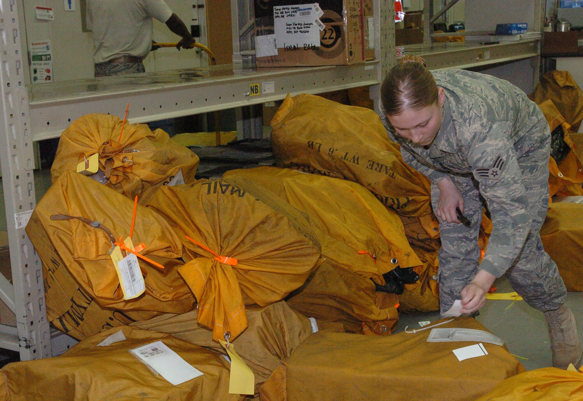 YOKOTA AIR BASE, Japan--Senior Airman Brittany Watkins, 374th Communications Squadron sorts the bags of mail. On a daily average the post office recieves about 300 or more packages. The amount is expected to double as the holidays near. (U.S. Air Force photo by Airman 1st Class Leandra D Hernandez) 