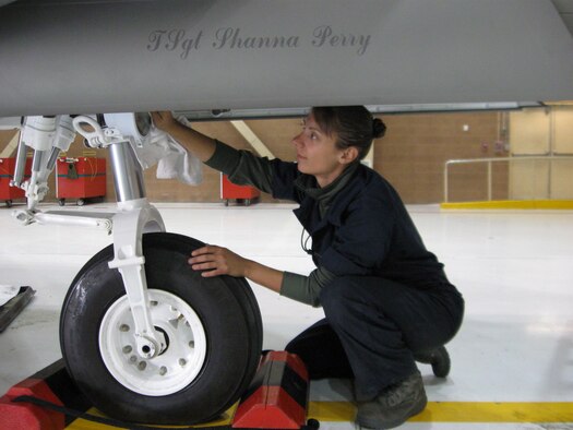 Tech. Sgt. Shanna Perry, F-22 dedicated crew chief, wipes down the nose landing gear strut on an F-22 Raptor in preparation for Aviation Nation 2008. The public air show is scheduled for Nov. 8 and 9 at Nellis Air Force Base, Nev. This Raptor arrived from the factory two weeks ago, and will join close to 100 static display aircraft at the show before flying missions at Nellis.