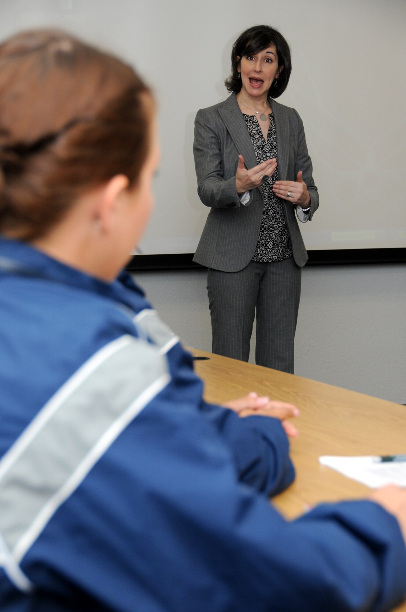 Ms. Stern explains some of the principles of bystander intervention to a group of 25 women, including Airman 1st Class Katie Bailey, 336th Training Squadron.  (U.S. Air Force photo by Kemberly Groue)