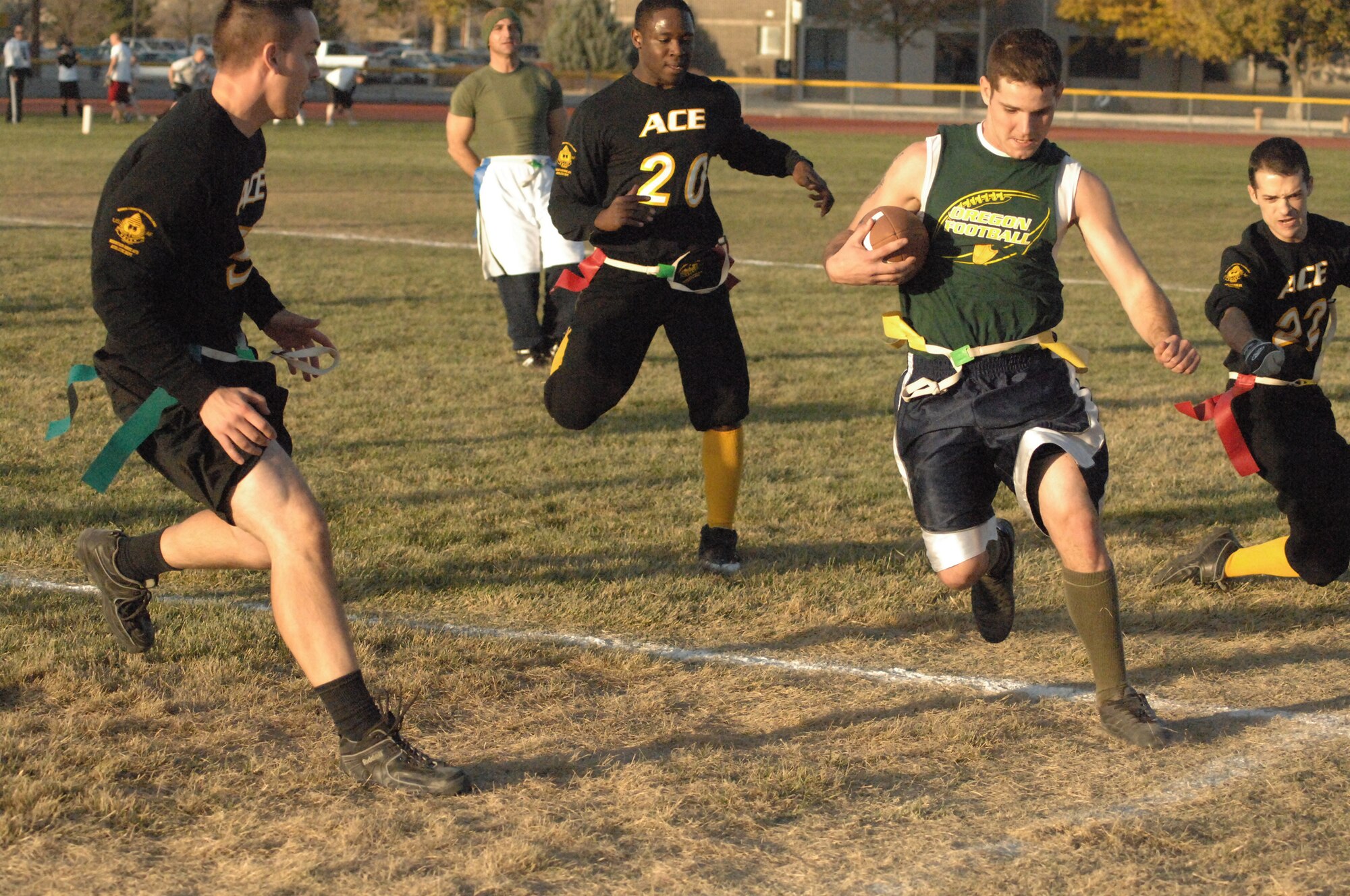MOUNTAIN HOME AIR FORCE BASE, Idaho -- The 726th Air Control Squadron overcame Airmen Committed to Excellence 7-0 Oct. 29.  The flag football season runs until Nov. 25. (U.S. Air Force photo/Airman 1st Class Samantha S. Crane)