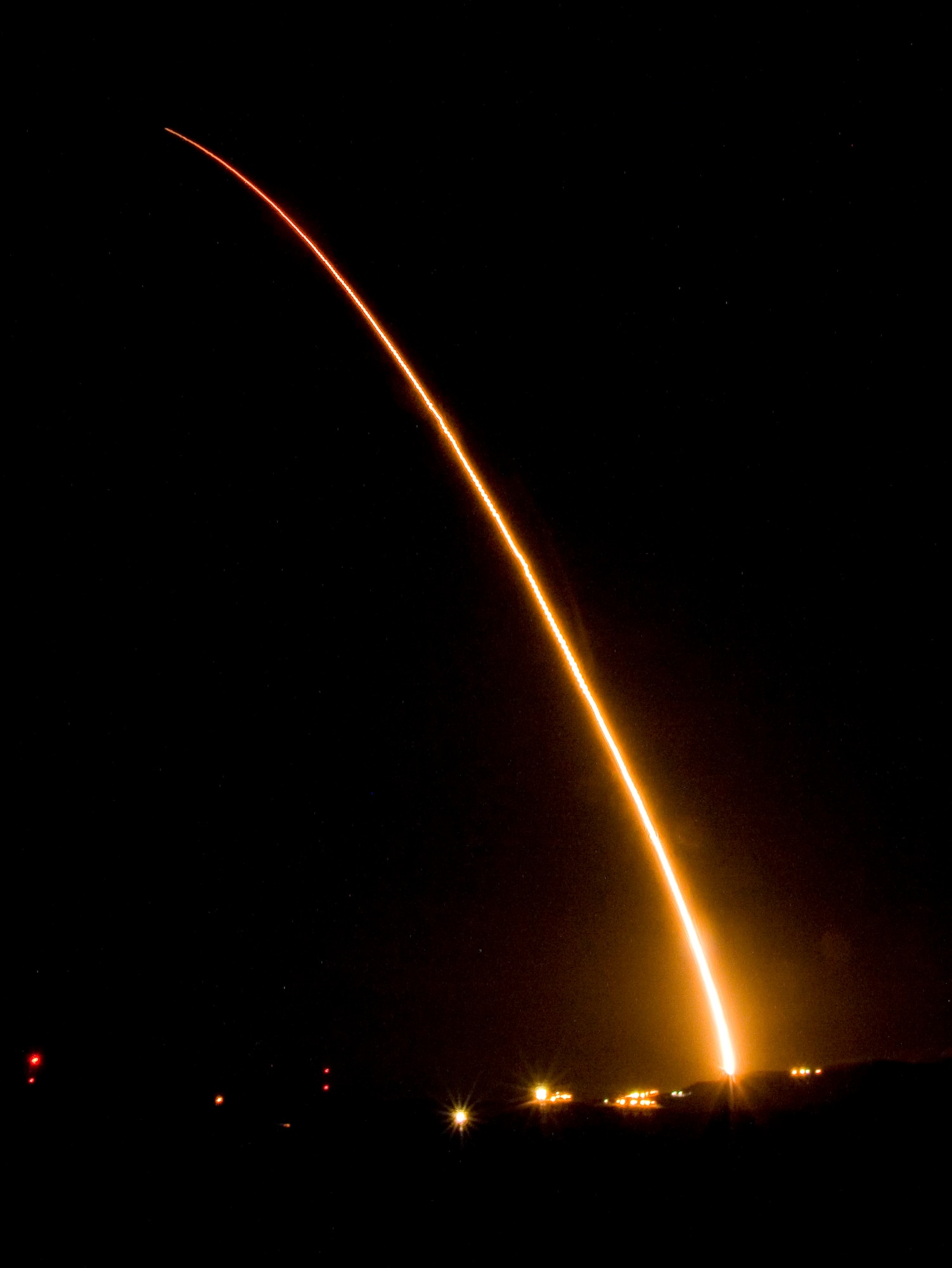 VANDENBERG AIR FORCE BASE, Calif. --  A Minuteman III intercontinental ballistic missile successfully launches at 1 a.m. Nov. 5 from North Vandenberg. The missile was configured with a National Nuclear Security Administration test assembly in which a single unarmed re-entry vehicle traveled approximately 4,190 miles to their pre-determined targets near the Kwajalein Atoll in the Marshall Islands. (U.S. Air Force photo / Airman 1st Class Andrew Lee)