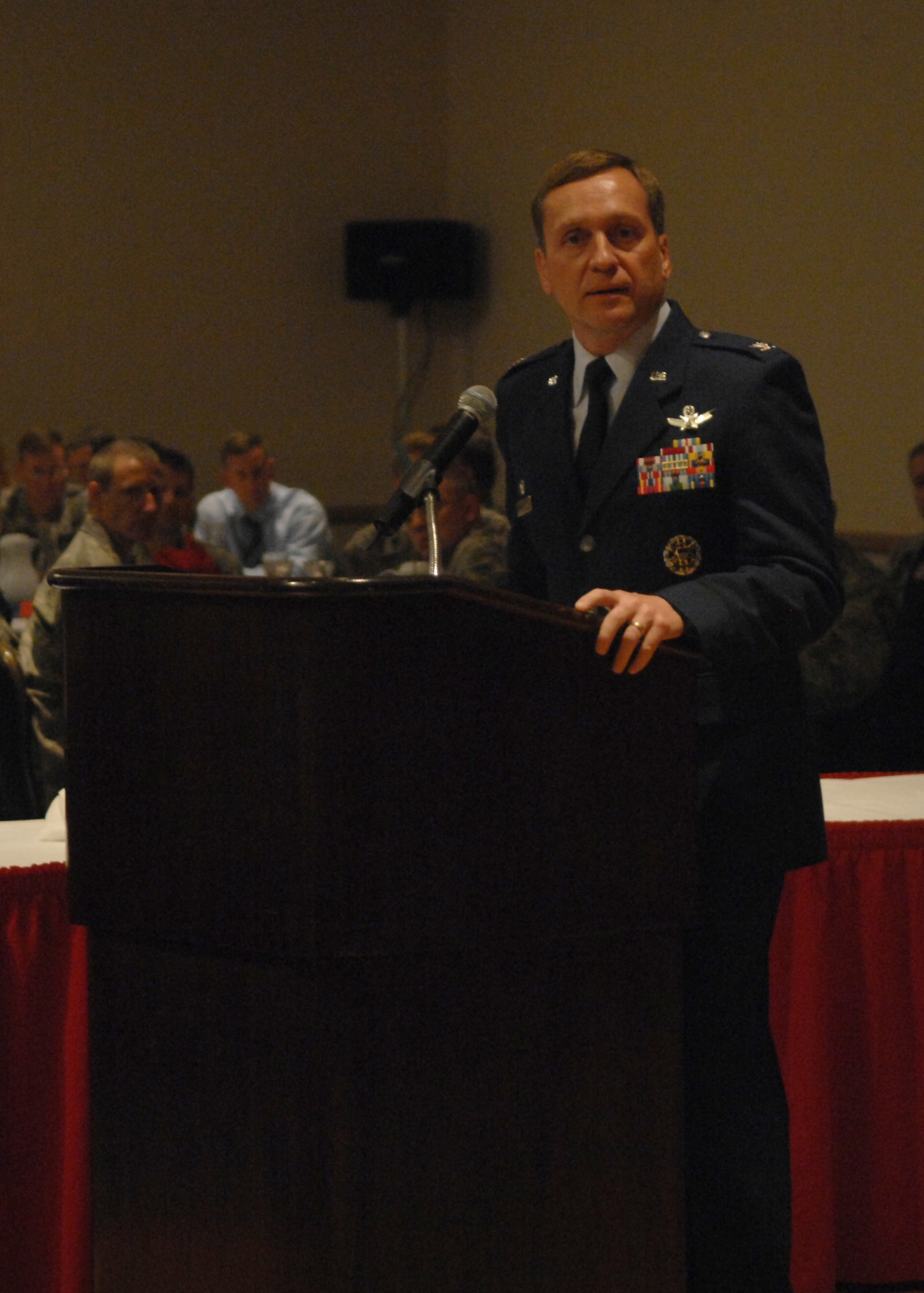 VANDENBERG AIR FORCE BASE, Calif. --  Col. David Buck, 30th Space Wing commander, speaks at the 3rd Quarter Awards Luncheon on Oct.30.  Quarterly awards highlight outstanding performers on Vandenberg. (U.S. Air Force photo / Senior Airman Nicole Roberts)