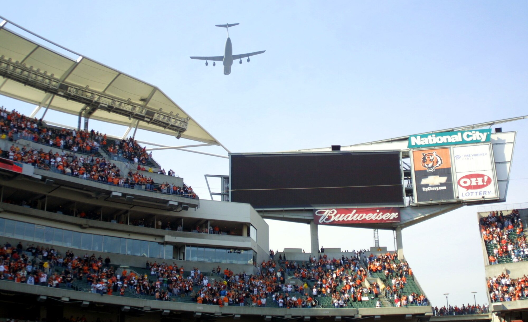 WRIGHT-PATTERSON AFB, Ohio - The 445th Airlift Wing performed an exciting C-5 Galaxy flyover before the Cincinnati Bengals football game Nov. 2, 2008.  The C-5 had perfect timing flying over Paul Brown Stadium just as the National Anthem finished playing. (Courtesy photo/Cincinnati Bengals)