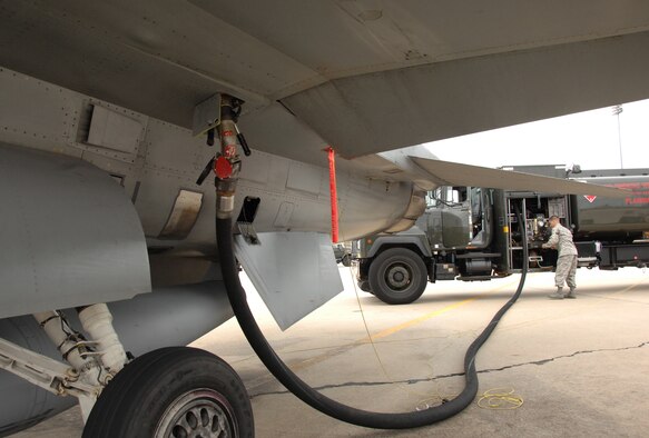 SHAW AIR FORCE BASE, S.C. -- Currently in its second year of evaluation, the Air Force hybrid refueler uses the same pumping system as the other 17 refueling trucks on the flight line, however its extra battery helps conserve both energy and money.  U.S. Air Force photo/2nd Lt. Emily Chilson