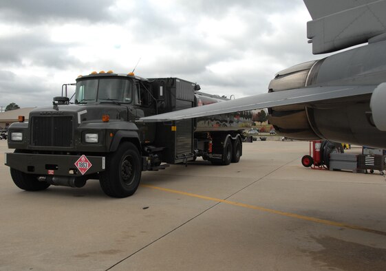 SHAW AIR FORCE BASE, S.C. -- This cutting-edge hybrid refueler is the only one in the Air Force. It weighs roughly 20,000 pounds and is used here to refuel F-16 aircraft. The Air Force is making efforts to 'go green' by both conserving energy and trying alternative energy sources. U.S. Air Force photo/2nd Lt. Emily Chilson