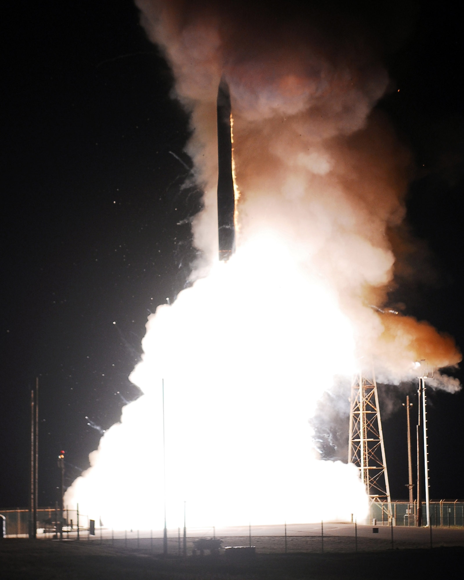 A Minuteman III intercontinental ballistic missile successfully launches at 1 a.m. Nov. 5 from Vandenberg Air Force Base, Calif. The missile was configured with a National Nuclear Security Administration test assembly in which a single unarmed re-entry vehicle traveled approximately 4,190 miles to their pre-determined targets near the Kwajalein Atoll in the Marshall Islands. (U.S. Air Force photo/Joe Davila) 
