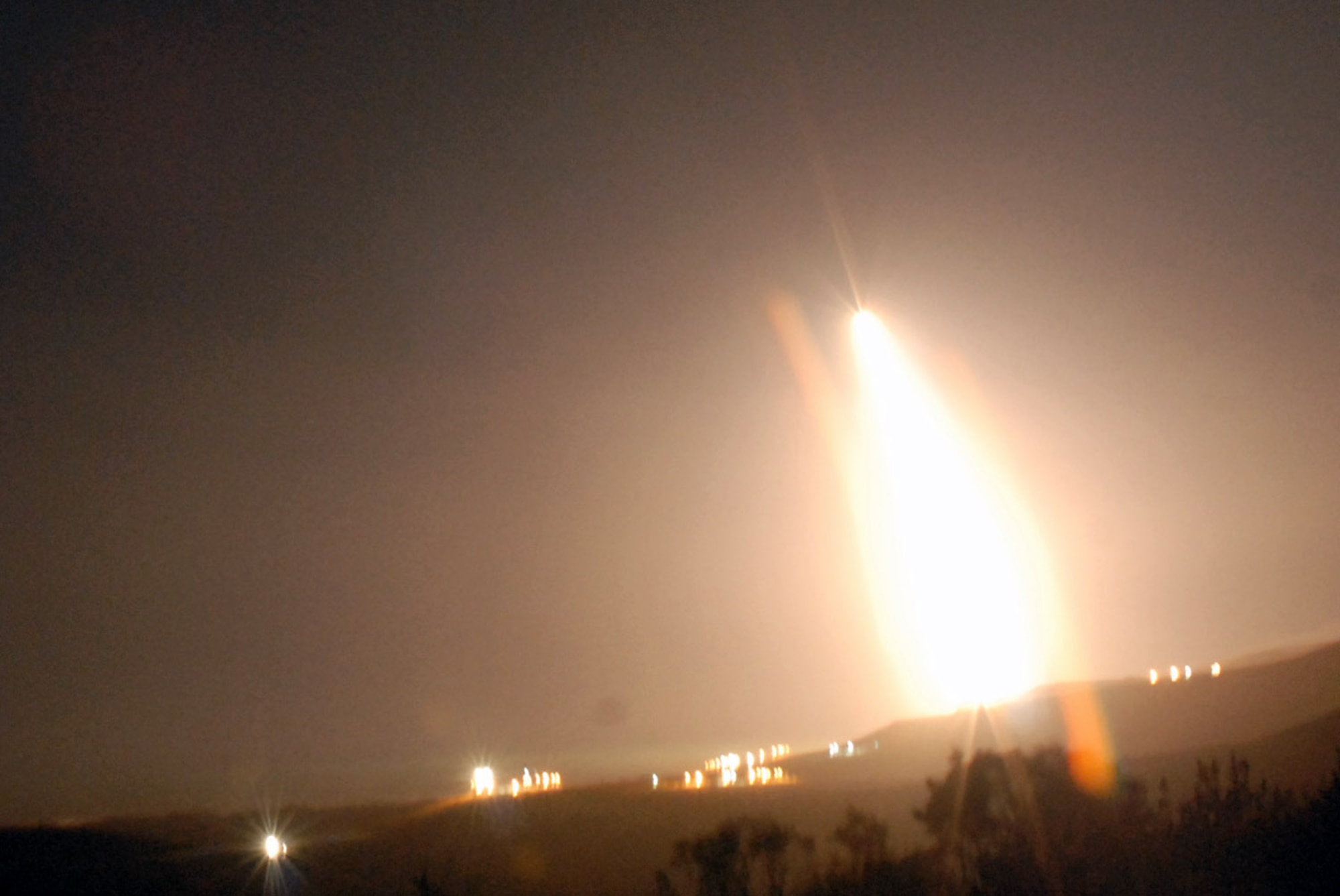 A Minuteman III intercontinental ballistic missile launches at 1 a.m. Nov. 5 from Vandenberg Air Force Base, Calif. The missile was configured with a National Nuclear Security Administration test assembly in which a single unarmed re-entry vehicle traveled approximately 4,190 miles to their pre-determined targets near the Kwajalein Atoll in the Marshall Islands. (U.S. Air Force photo/2nd Lt. Raymond Geoffroy) 
