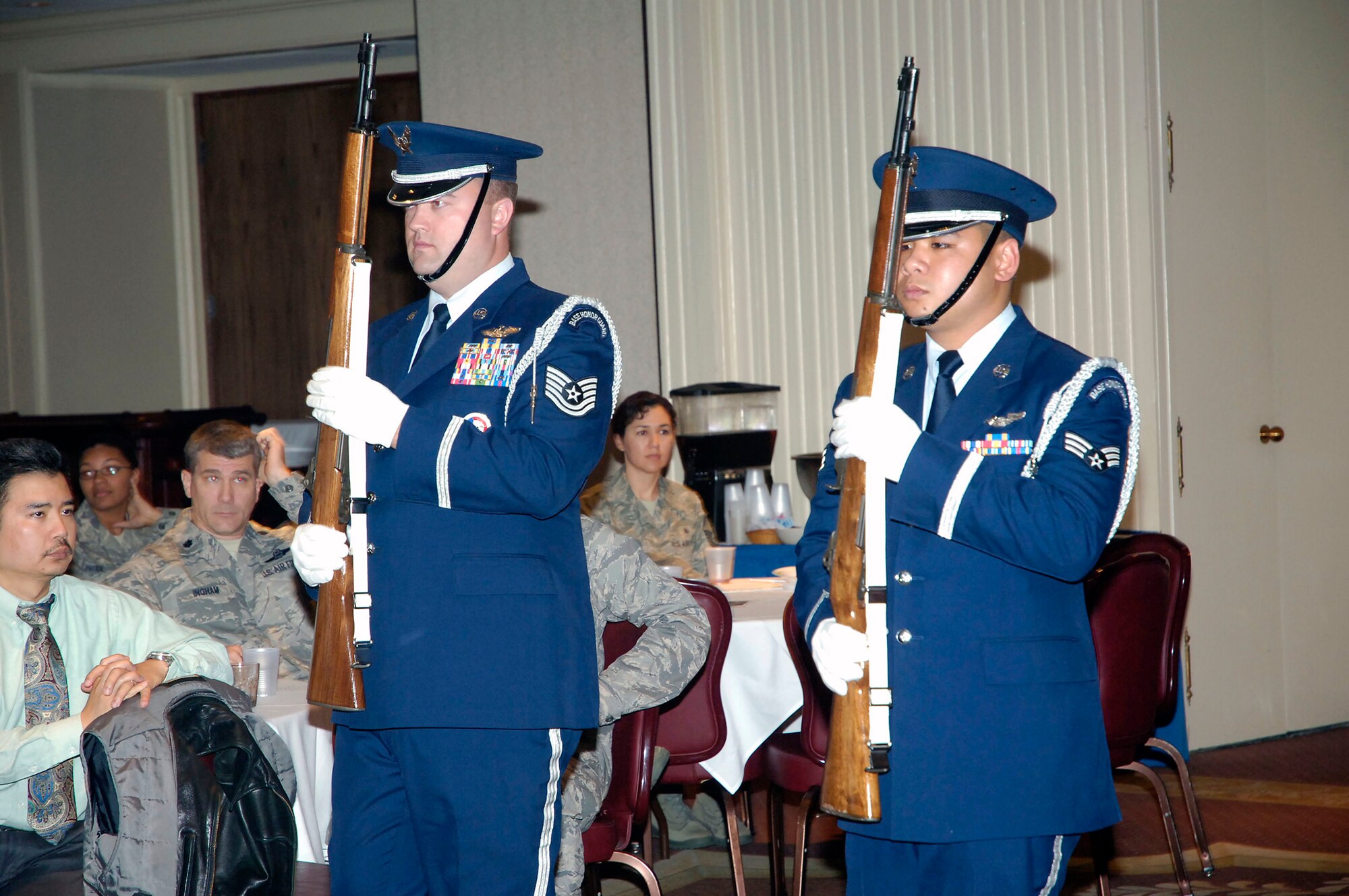 Members of Team Tinker recognized the sacrifice of the Base Honor Guard at an appreciation ceremony Oct. 30 at the Tinker Club. Tech. Sgt. Patrick Heston, left, and Senior Airman John Paul Aquino were two of the Airmen who performed at the event.