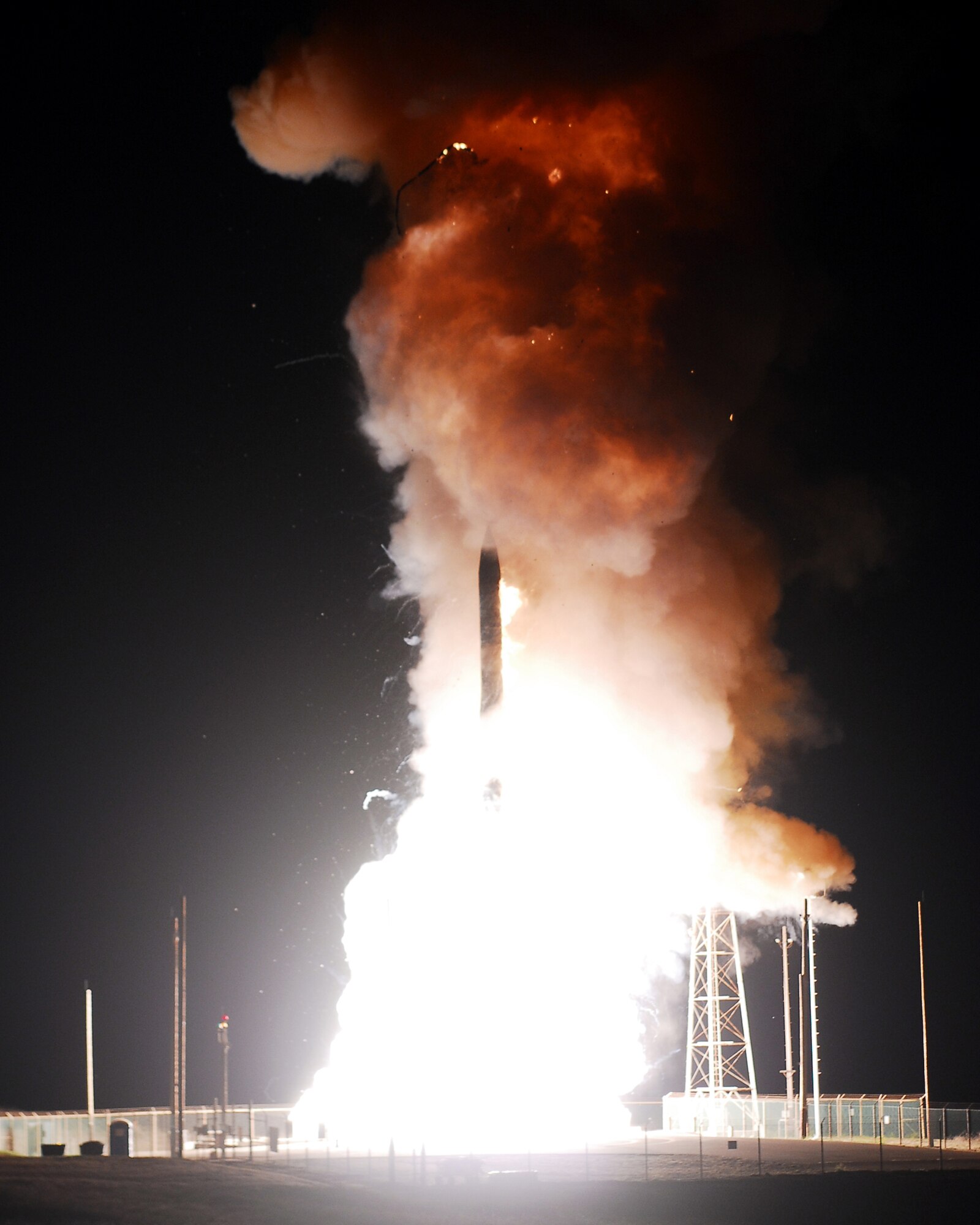 VANDENBERG AIR FORCE BASE, Calif. -- A Minuteman III intercontinental ballistic missile successfully launches at 1 a.m. Nov. 5 from North Vandenberg. The missile was configured with a National Nuclear Security Administration test assembly in which a single unarmed re-entry vehicle traveled approximately 4,190 miles to their pre-determined targets near the Kwajalein Atoll in the Marshall Islands. (U.S. Air Force photo /Joe Davila) 
