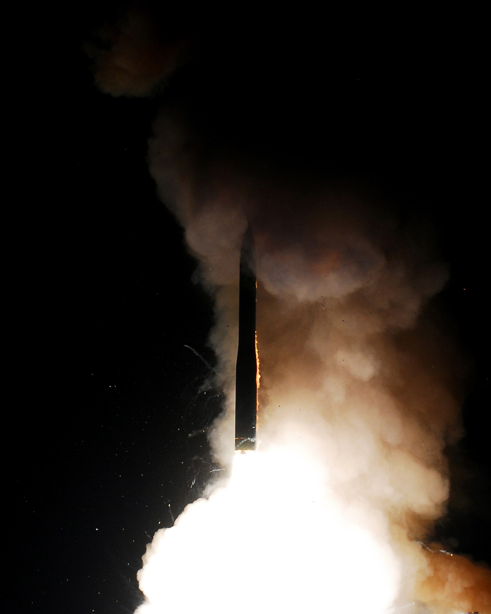 VANDENBERG AIR FORCE BASE, Calif. -- A Minuteman III intercontinental ballistic missile successfully launches at 1 a.m. Nov. 5 from North Vandenberg. The missile was configured with a National Nuclear Security Administration test assembly in which a single unarmed re-entry vehicle traveled approximately 4,190 miles to their pre-determined targets near the Kwajalein Atoll in the Marshall Islands. (U.S. Air Force photo /Joe Davila) 

