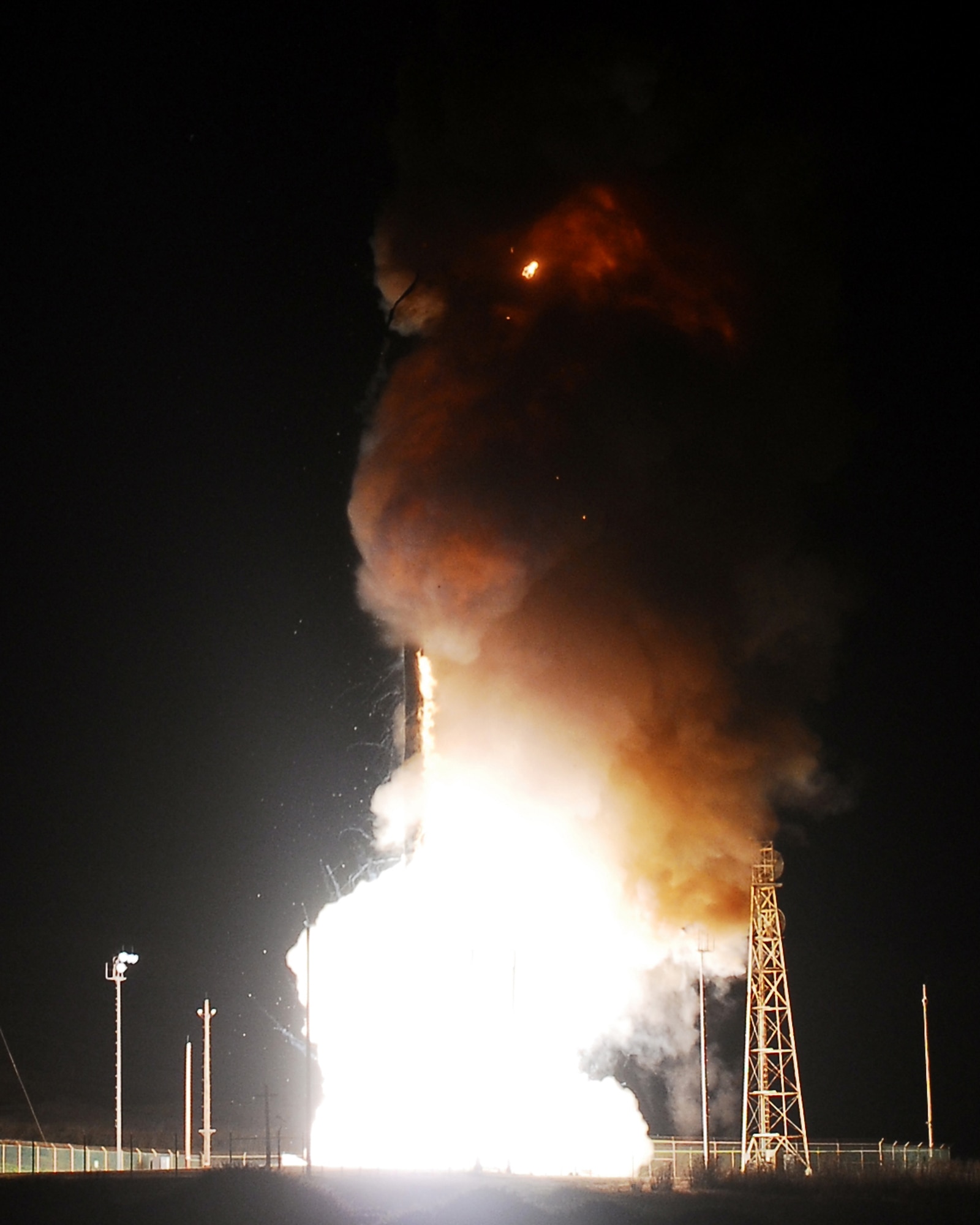VANDENBERG AIR FORCE BASE, Calif. -- A Minuteman III intercontinental ballistic missile successfully launches at 1 a.m. Nov. 5 from North Vandenberg. The missile was configured with a National Nuclear Security Administration test assembly in which a single unarmed re-entry vehicle traveled approximately 4,190 miles to their pre-determined targets near the Kwajalein Atoll in the Marshall Islands. (U.S. Air Force photo /Joe Davila) 
