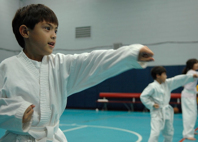 Gabriel Kline does a punching exercise during the Tae Kwon Do class at Youth Programs on Charleston AFB Nov. 5. Tae Kwon Do is part of FitFactor, which is a program designed to help keep children active. Gabriel is the son of Takiko and Master Sgt. Brad Kline who is with the 437th Maintenance Operations Squadron. (U.S. Air Force photo/Airman 1st Class Katie Gieratz)
