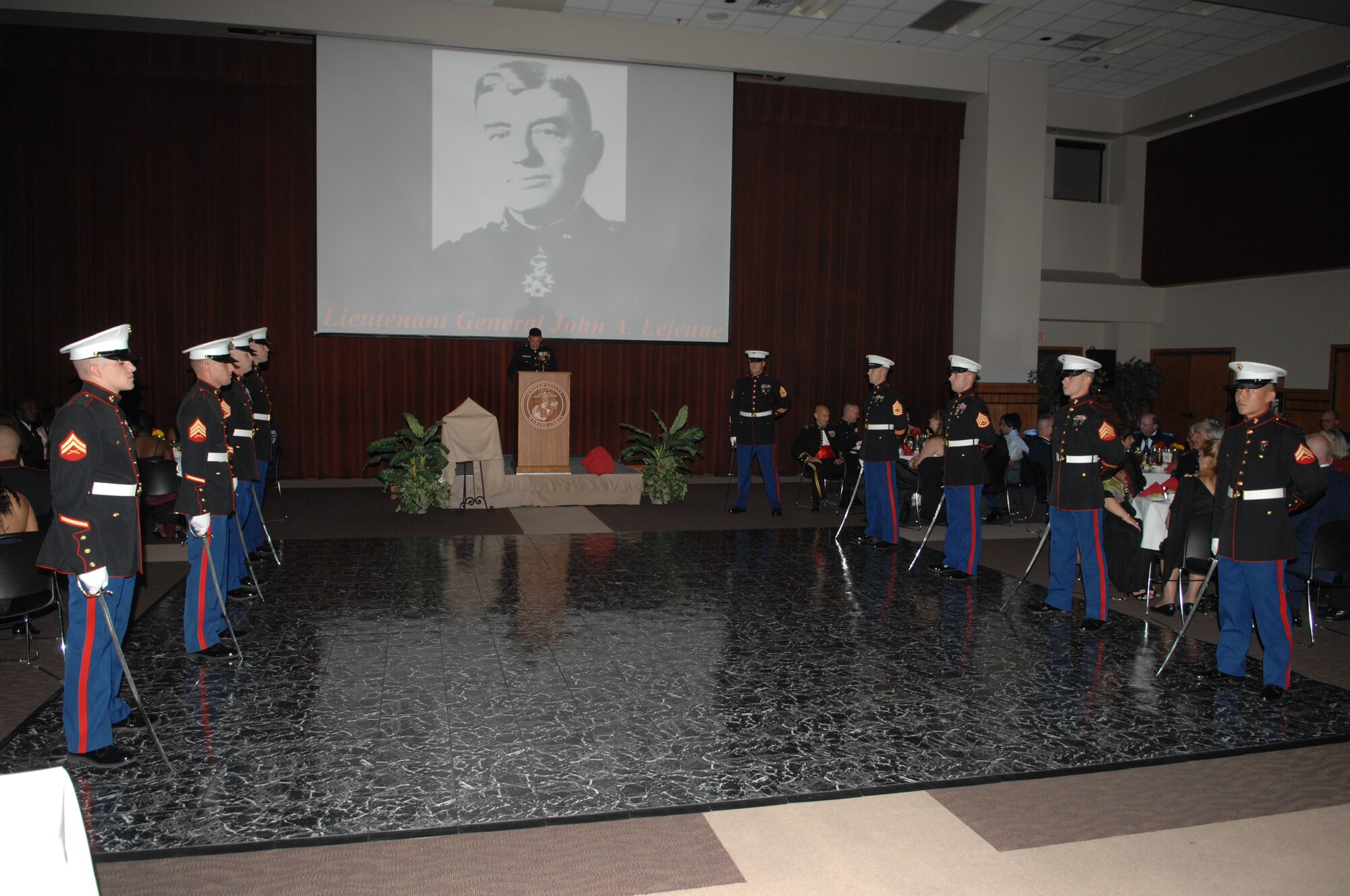 Marines form an honor guard at the 2008 Marine Corps Ball Nov. 1. (U.S. Air Force photo by Tech. Sgt. John Barton)