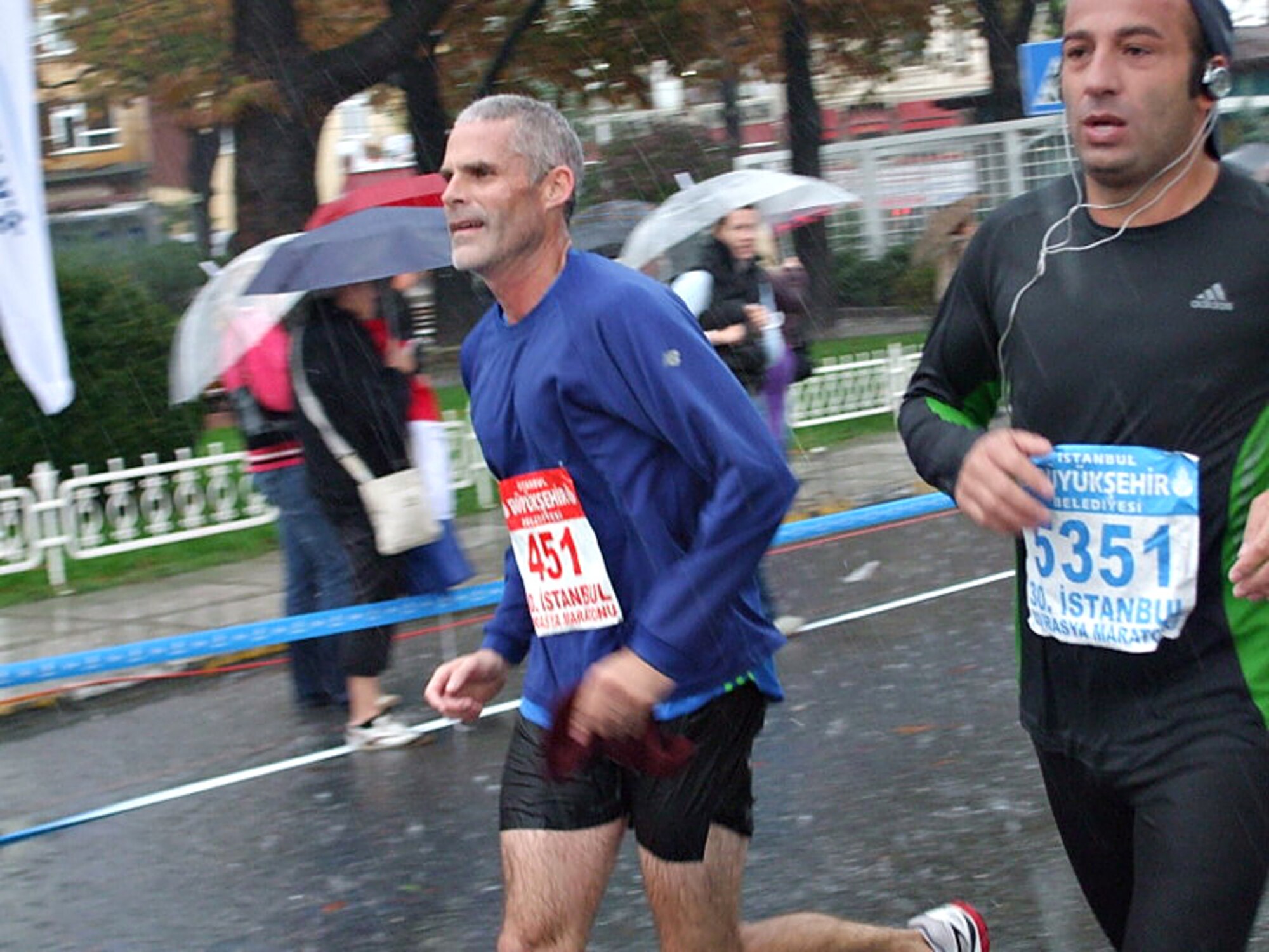 Lt. Col. Pete York, 39th Air Base Wing inspector general, runs in the rain during the 30th Intercontinental Istanbul Eurasia Marathon, Oct. 26. The marathon is the world’s only intercontinental foot-race and was attended by seven members of the Incirlik community. (Photo by Nancy York)
