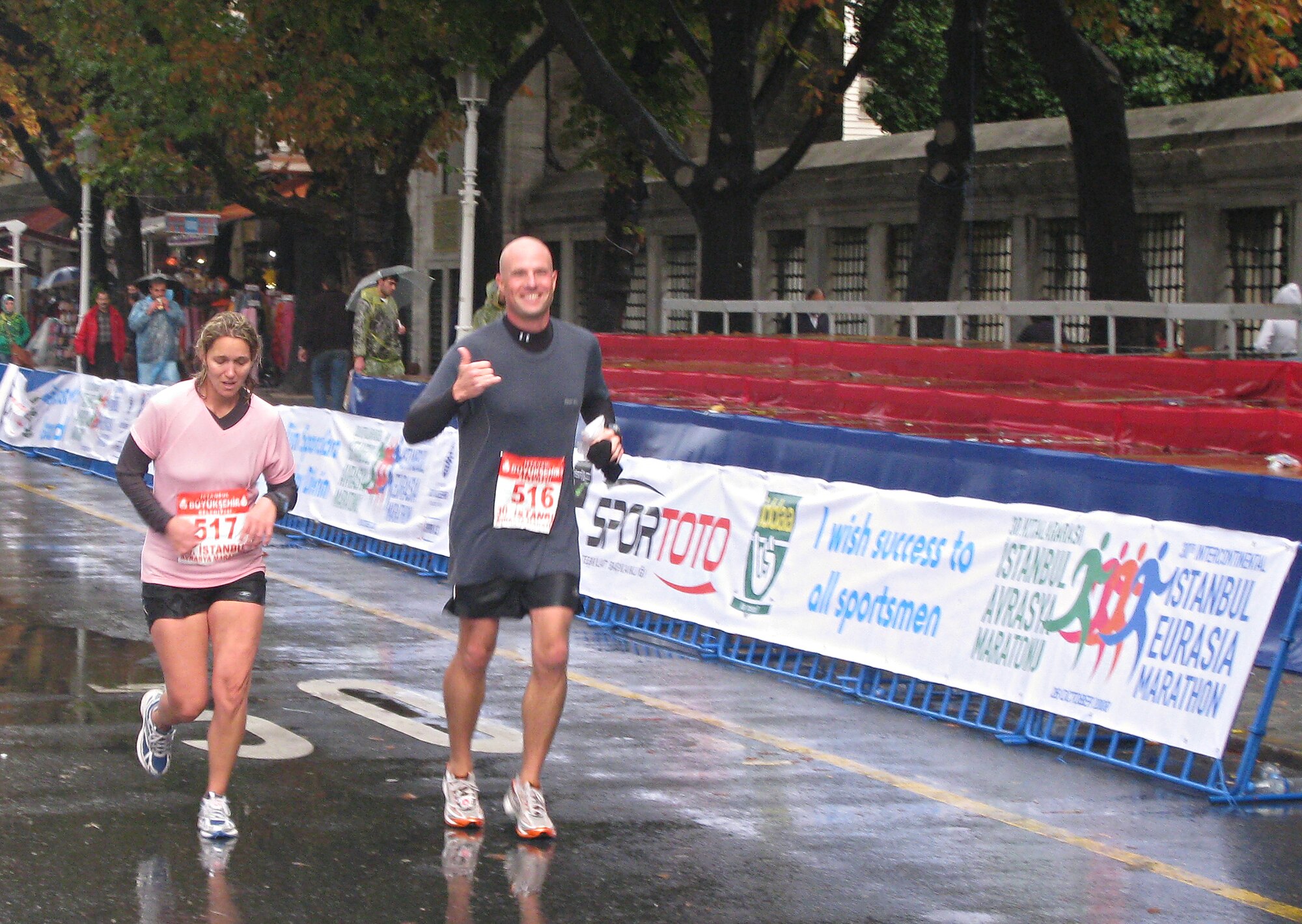 Master Sgt. Jennifer Allphin, 39th Communications Squadron, and her husband, Master Sgt. Terry Allphin, Air Force Intelligence, Surveillance and Reconnaissance Agency, run their first marathon in Istanbul, Oct. 26. Sgt. Terry Allphin took leave from Wright-Patterson Air Force Base, Ohio to run the race with his wife. (Photo by Nancy York)