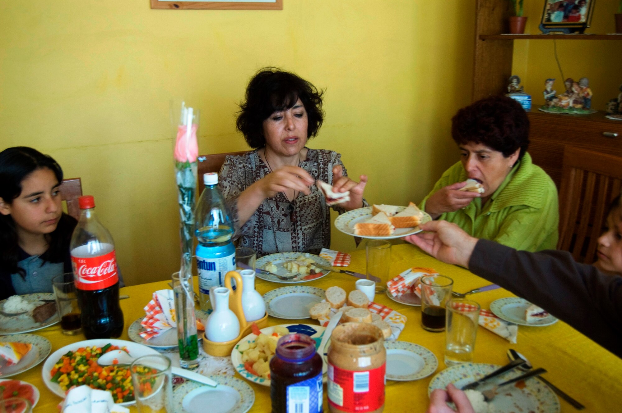 Chilean “tias,” which in Spanish means "aunt," a term used for endearment of older women or foster mothers, try peanut butter and jelly sandwiches for the first time while sharing a cultural exchange Oct. 29 at the ALDEAS SOS orphanage in Santiago, Chile. Airmen, a Soldier and U.S. civilian volunteers visited the orphanage for a cultural exchange of food and camaraderie as part of Operation Southern Partner -- a Twelfth Air Force (Air Forces Southern) led event aimed at providing intensive, periodic subject-matter exchanges in the U.S. Southern Command area of focus. (Air Force photo\Master Sgt. Eric M. Grill)