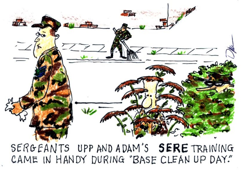 The Sergeants Upp and Adam cartoons are created by Senior Master Sgt. Doug Johnson, 934th Civil Engineer Squadron emergency manager. His cartoons are featured in the Viking Flyer, the official newspaper of the 934th Airlift Wing, and lend military humor to subjects such as training, inspections, customs, deployments etc. Sergeant Johnson's cartoons may be used in other publications by obtaining permission from the 934th Airlift Wing Public Affairs Office in the "Contact Us" section.