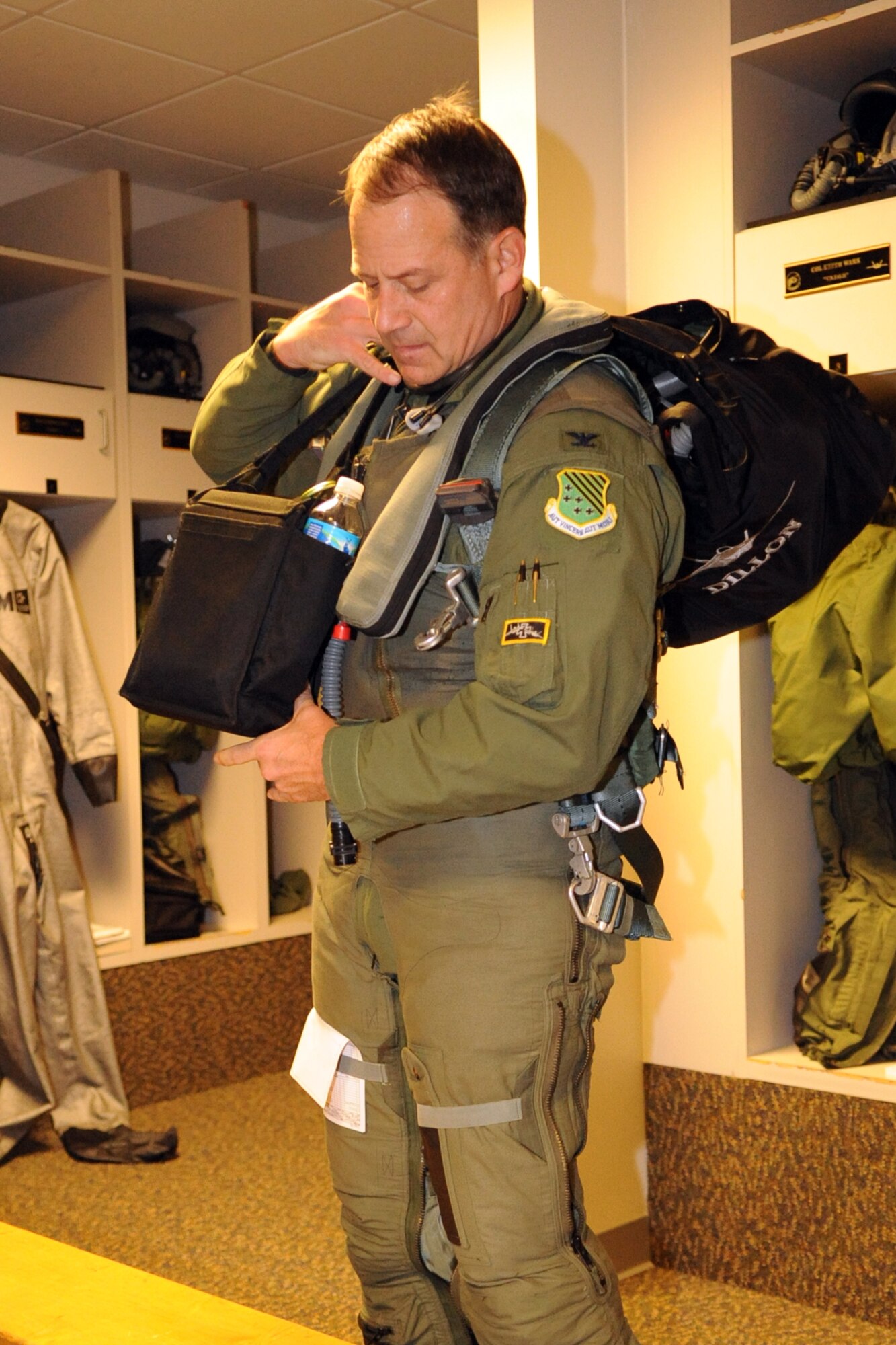 LANGLEY AIR FORCE BASE Va.-- Col. Patrick "Dillon" Marshall, 1st Operations Group commander, prepares for his final flight here Nov. 7. A fini flight is the last flying mission for a commander before starting a new assignment. (U.S. Air Force photo/Airman 1st Class Jonathan Koob)
