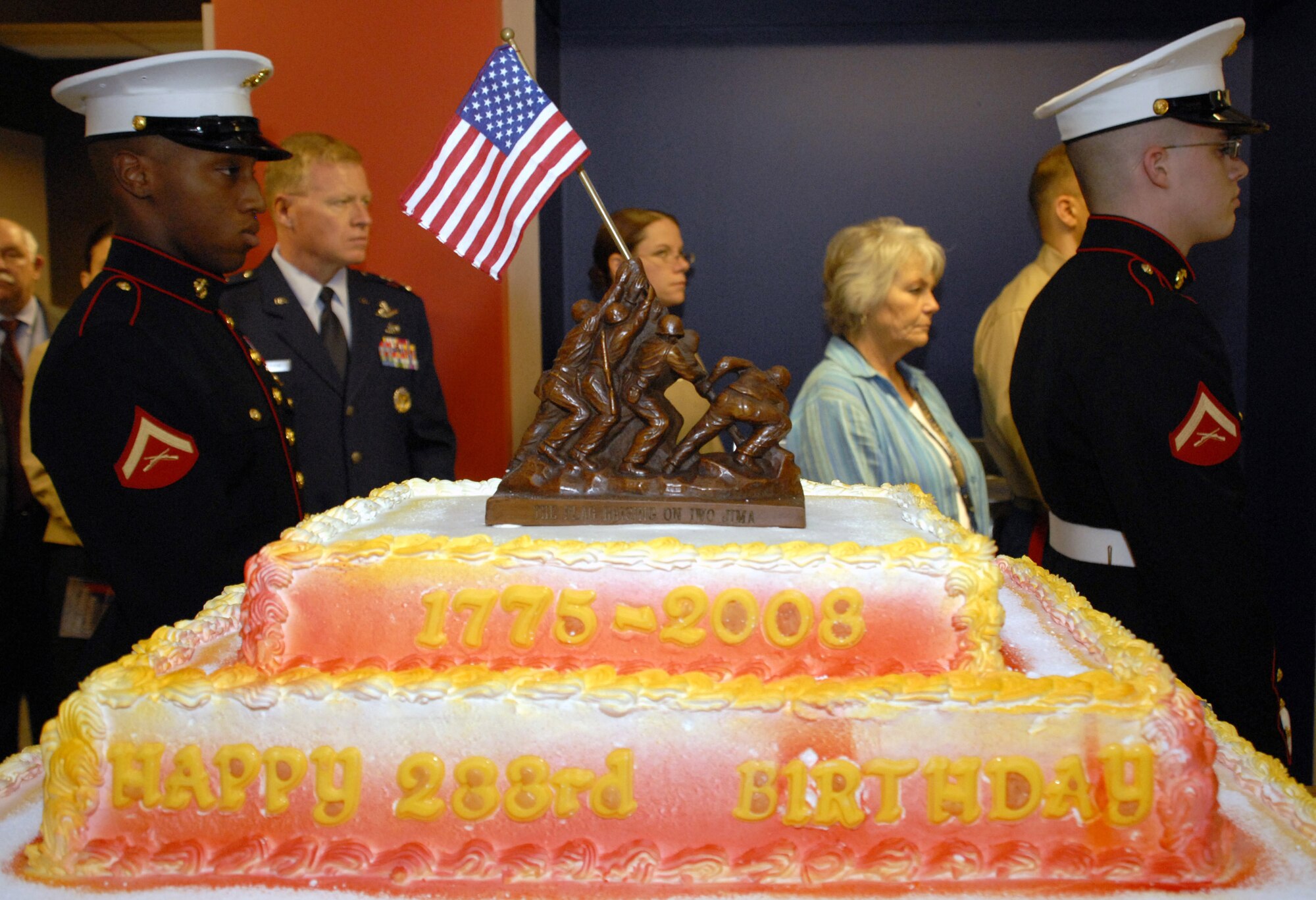 The United States Marine Corps celebrates its 233rd birthday with a cake topped with a replica of the Marine Corps Memorial. More than 100 Marines, Sailors, civilians and other members of the joint staff joined Gen. James T. Conway, commandant of the Marine Corps, and Secretary of the Navy Donald C. Winter at a birthday celebration Nov. 7 in the newly-opened Marine Corps Corridor in the Pentagon.  The Marine Corps was founded on Nov. 10, 1775.  (Air Force photo/Staff Sgt. J.G. Buzanowski)