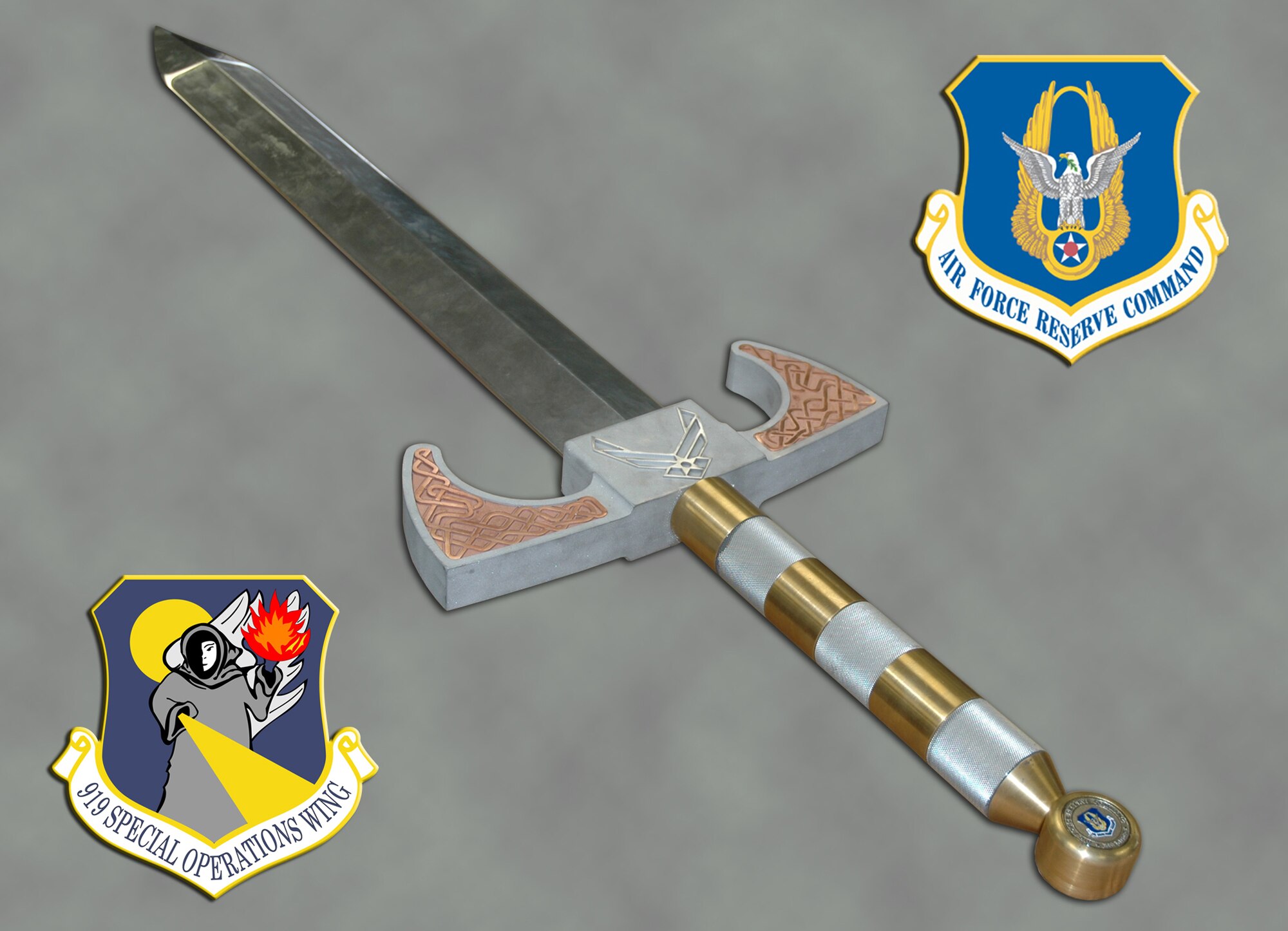 In October, the Air Force Reserve Command enlisted force honored Col. Francis Mungavin, AFRC director of recruiting, with the Order of the Sword. Before they held the prestigious ceremony, a new display sword was needed. Staff Sgt. David Henderson, a machinist with the 919th Special Operations Wing aircraft metals technology shop, took on the task of helping create the sword. Sergeant Henderson designed and crafted the handle with lattice work inlay in just seven days from a block of aluminum using high tech computerized cutting equipment in his shop. The massive sword was displayed during the Order of the Sword ceremony which can be seen in a video link on the 919th SOW, or the AFRC website. (U.S. Air Force Photo/Trey Brock) 