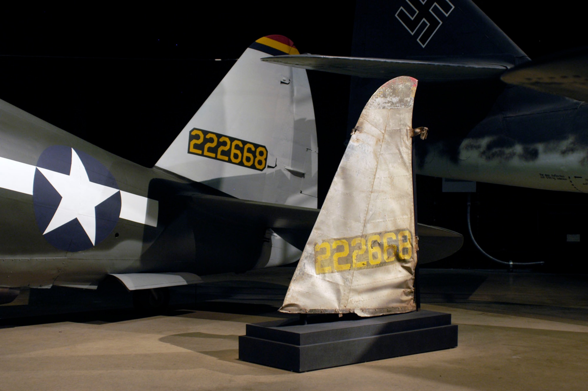 DAYTON, Ohio -- Recovered from the crash site and obtained by the museum, the actual vertical fin of Republic P-47D "Fiery Ginger IV" is on display in the World War II Gallery at the National Museum of the United States Air Force. (U.S. Air Force photo)