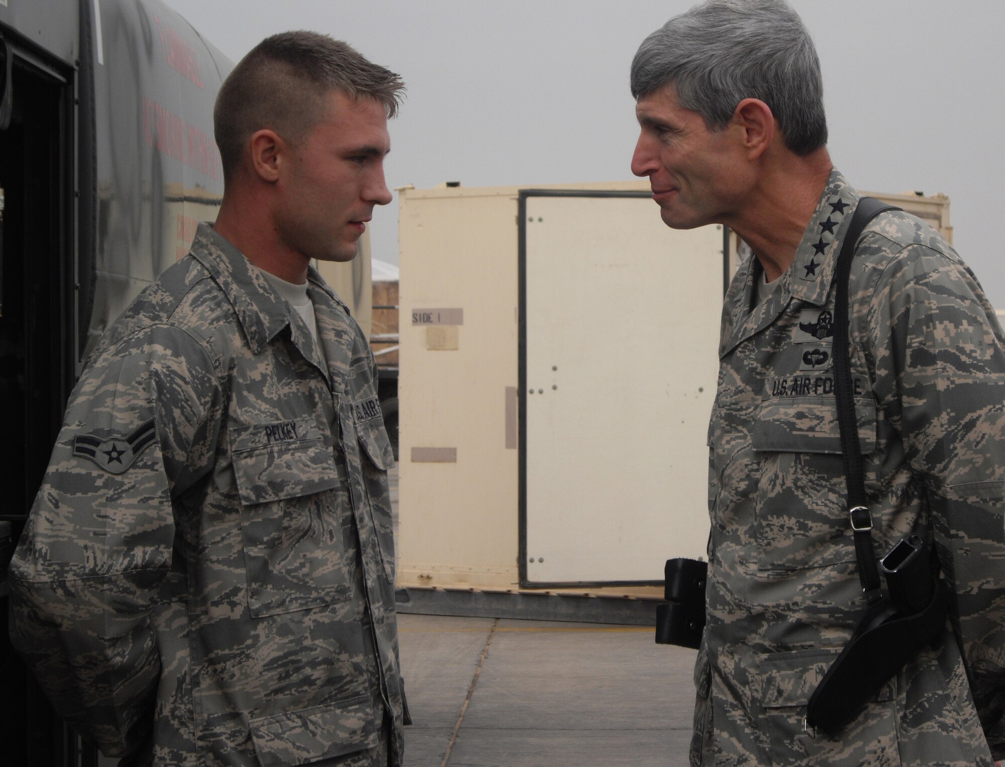 Airman 1st Class Joseph Pelkey, 436th Logistics Readiness Squadron, briefs Gen. Norton A. Schwartz, Air Force Chief of Staff, on the unique role of the Joint Base Balad?s Petroleum Oil and Lubricants flight. 