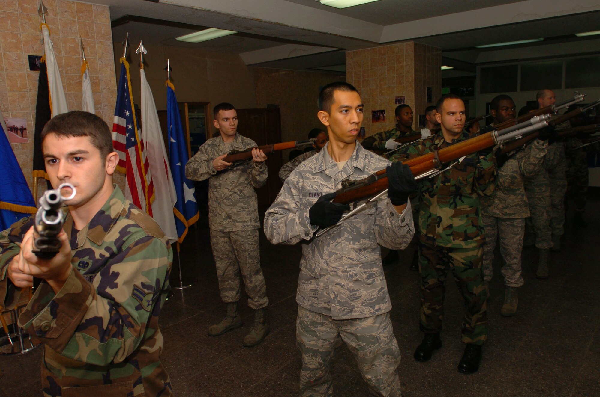 Members of the Yokota Air Base Honor Guard fire arms during practice Nov 5. The Honor guard performs for many events around Yokota each week including promotion and retirement ceremonies. (U.S. Air Force photo by Airman Devin Doskey)