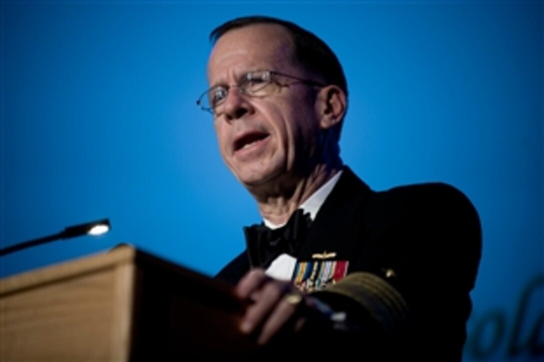 U.S. Navy Adm. Mike Mullen, chairman of the Joint Chiefs of Staff, speaks at the Soldiers' Angels Gala, Ronald Reagan Building & International Trade Center, Washington, D.C., Nov. 6, 2008. Soldiers' Angels is a nonprofit group that sends letters, care packages, and comfort items to the deployed; supports their families at home; provides assistance to the wounded and continuing support for veterans after they return.