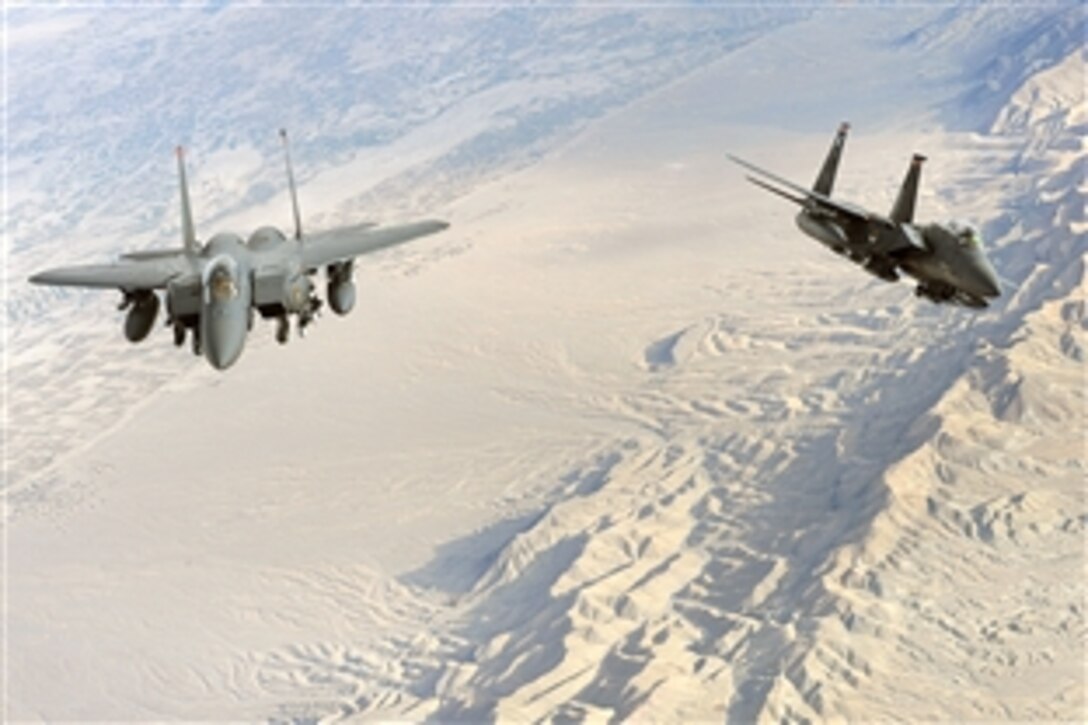 Two U.S. Air Force F-15E Strike Eagle aircraft conduct a flight mission over Afghanistan, Nov. 7, 2008. 
