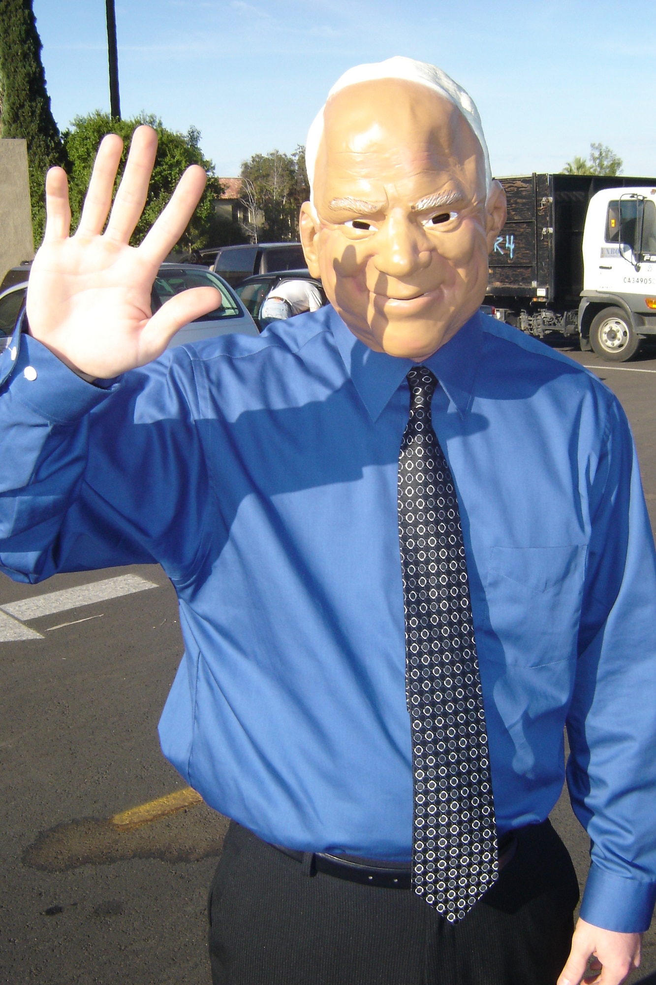 Marine Sgt. Ryan Hunt, Recruiting Sub-Station Moreno Valley, costumes as a “McCain” Nov. 30, at an RS San Diego recruiters meeting at the Cultural Resources Center at March ARB. Marines were asked by their commanders to dress up in the Halloween costume of their choice for this regular meeting at March. (U.S. Air Force photo by Will Alexander)   
