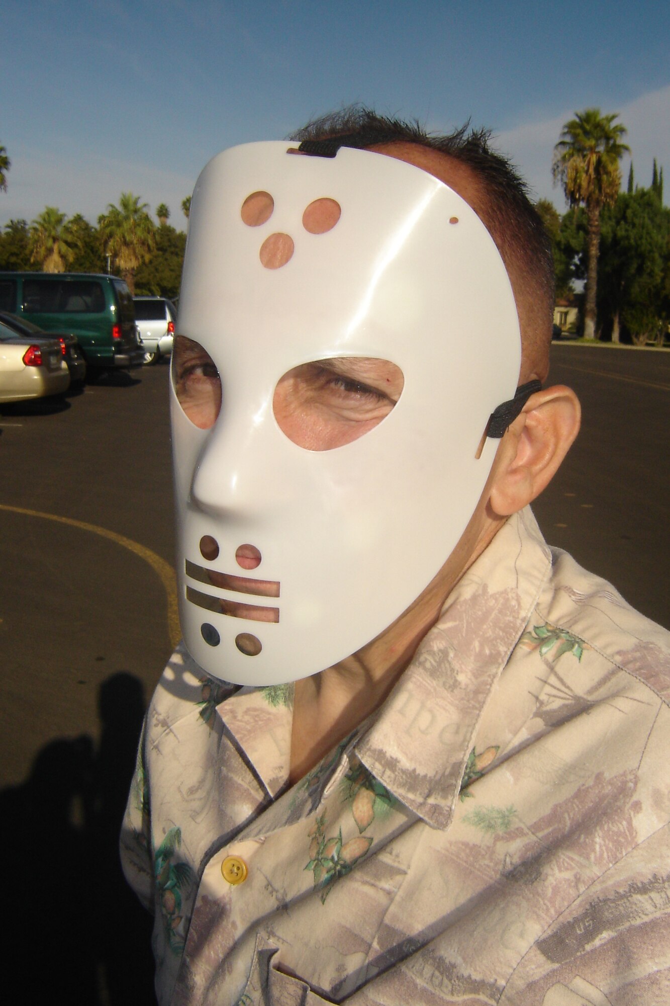 Marine MSgt. Roberto Mendez, Recruiting Sub-Station Moreno Valley, costumes as a  “Jason” Nov. 30, at an RS San Diego recruiters meeting at the Cultural Resources Center at March ARB. Marines were asked by their commanders to dress up in the Halloween costume of their choice for this regular meeting at March. (U.S. Air Force photo by Will Alexander)  
