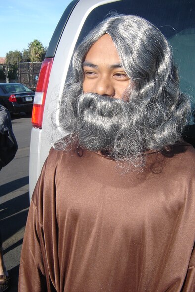 Marine Sgt. Oscar Calinaya, Recruiting Sub-Station Moreno Valley, costumes as a “Moses” Nov. 30, at an RS San Diego recruiters meeting at the Cultural Resources Center at March ARB. Marines were asked by their commanders to dress up in the Halloween costume of their choice for this regular meeting at March. (U.S. Air Force photo by Will Alexander)   
